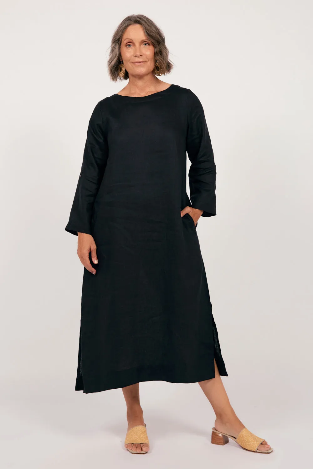 Jarla Linen Midi Dress in Black Trendy versatile dress