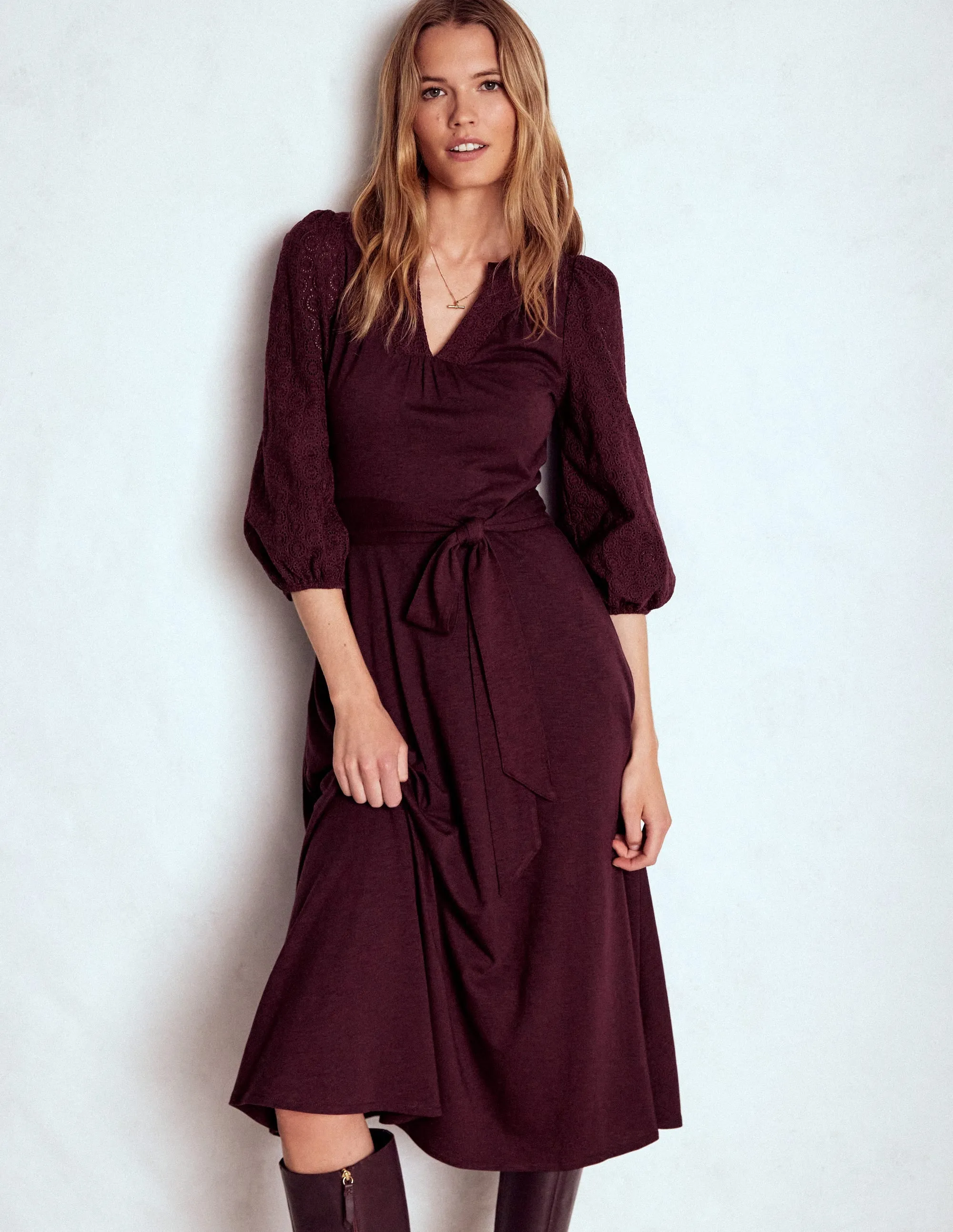 Sunset Glow Stylish Details Eden Broderie Jersey Dress-Dark Cherry