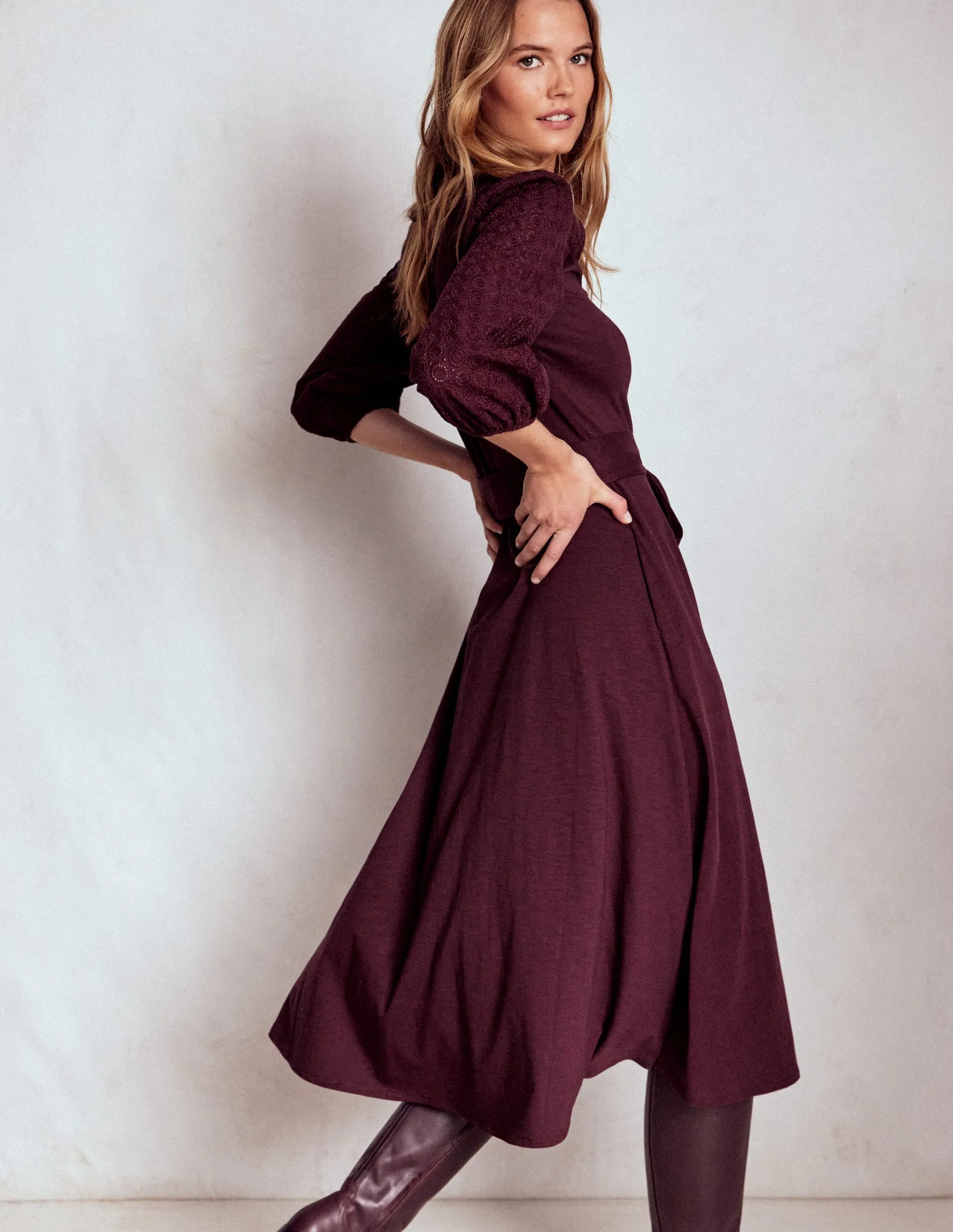 Eden Broderie Jersey Dress-Dark Cherry Modern Silhouette