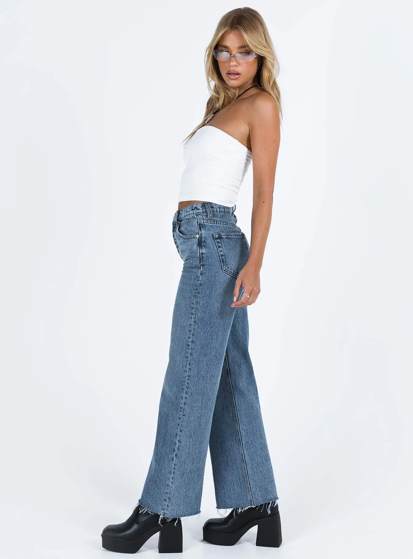 No Fade Look Pre Shrunk Material Fawcett High Rise Straight Leg Jeans Mid Blue Wash