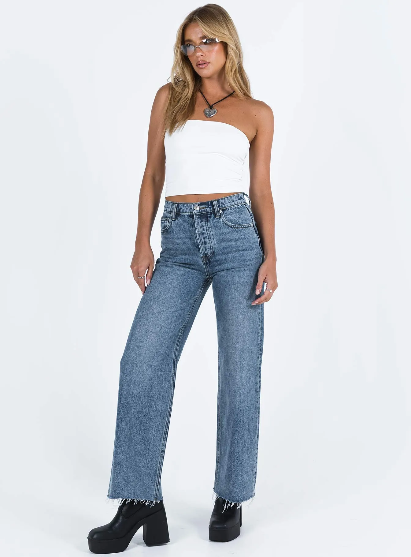 Fawcett High Rise Straight Leg Jeans Mid Blue Wash Sunny Vibes Casual