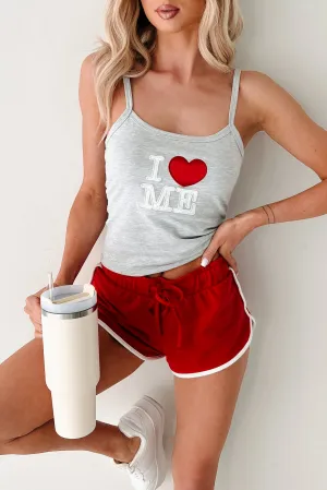 mesh panels "I <3 ME" Tank Top & Shorts Set (Grey/Red)