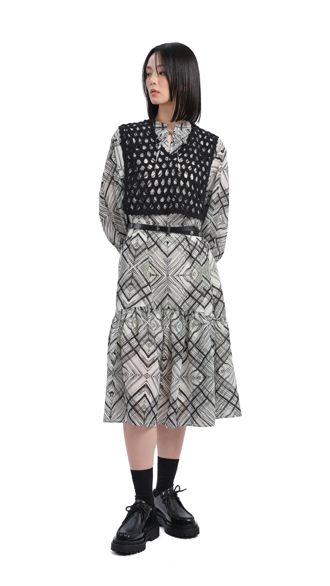 Handcrafted Checker Printed Shirt Dress Jewel tone Adjustable Waistband