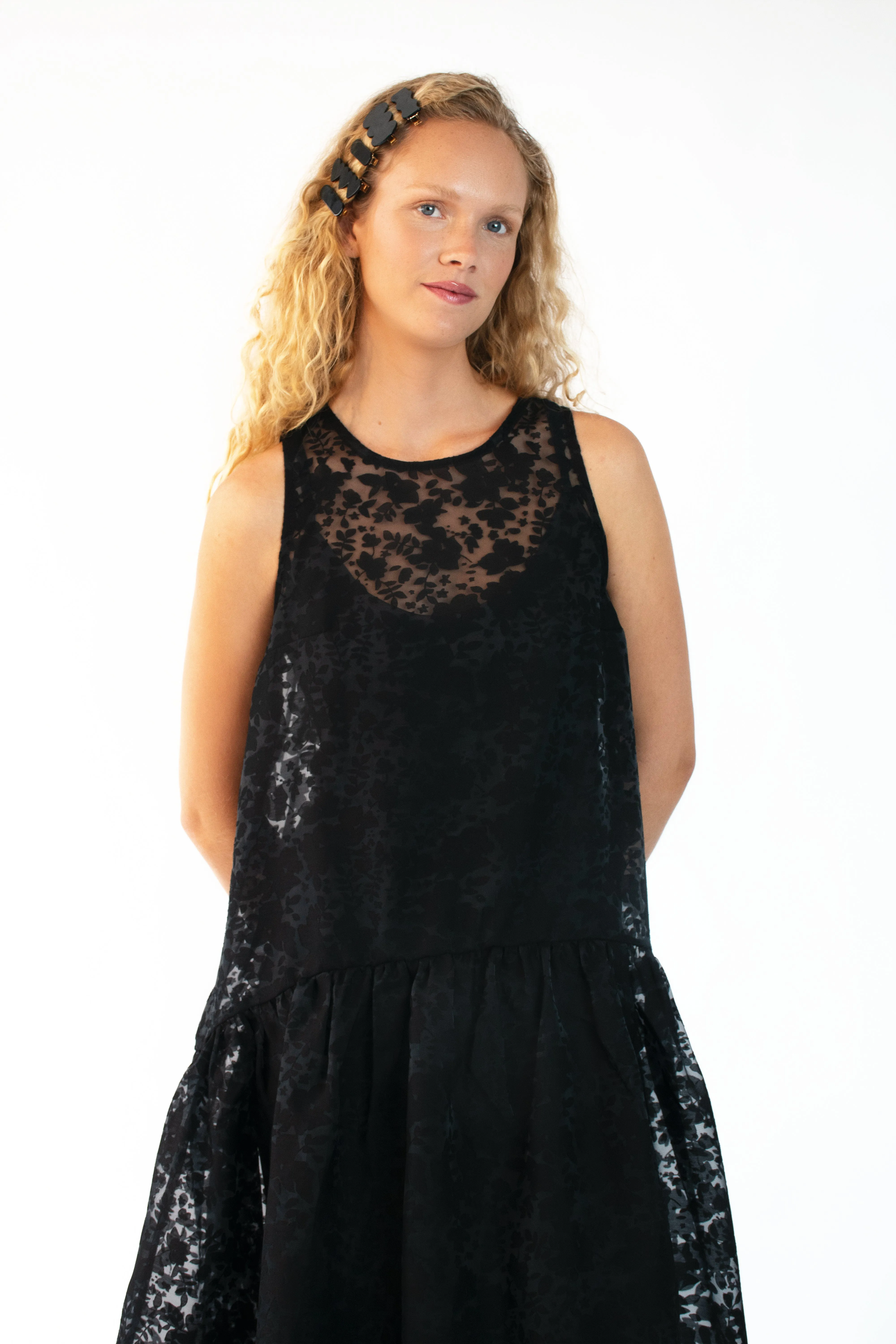 HighCollared Design Drop Waist Dress in Organza