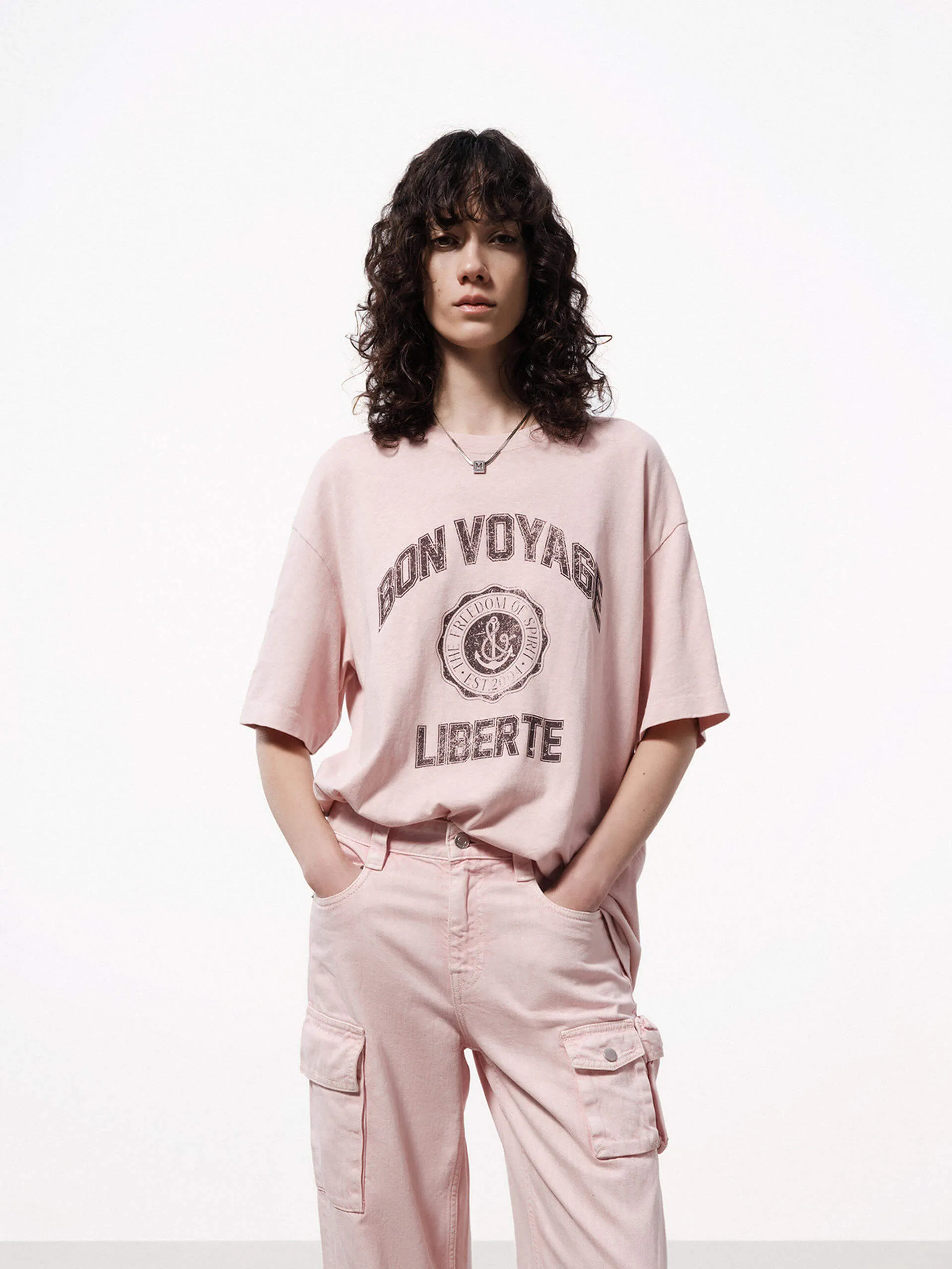 Front Slogan Loose T-shirt Drop Shoulder Cut