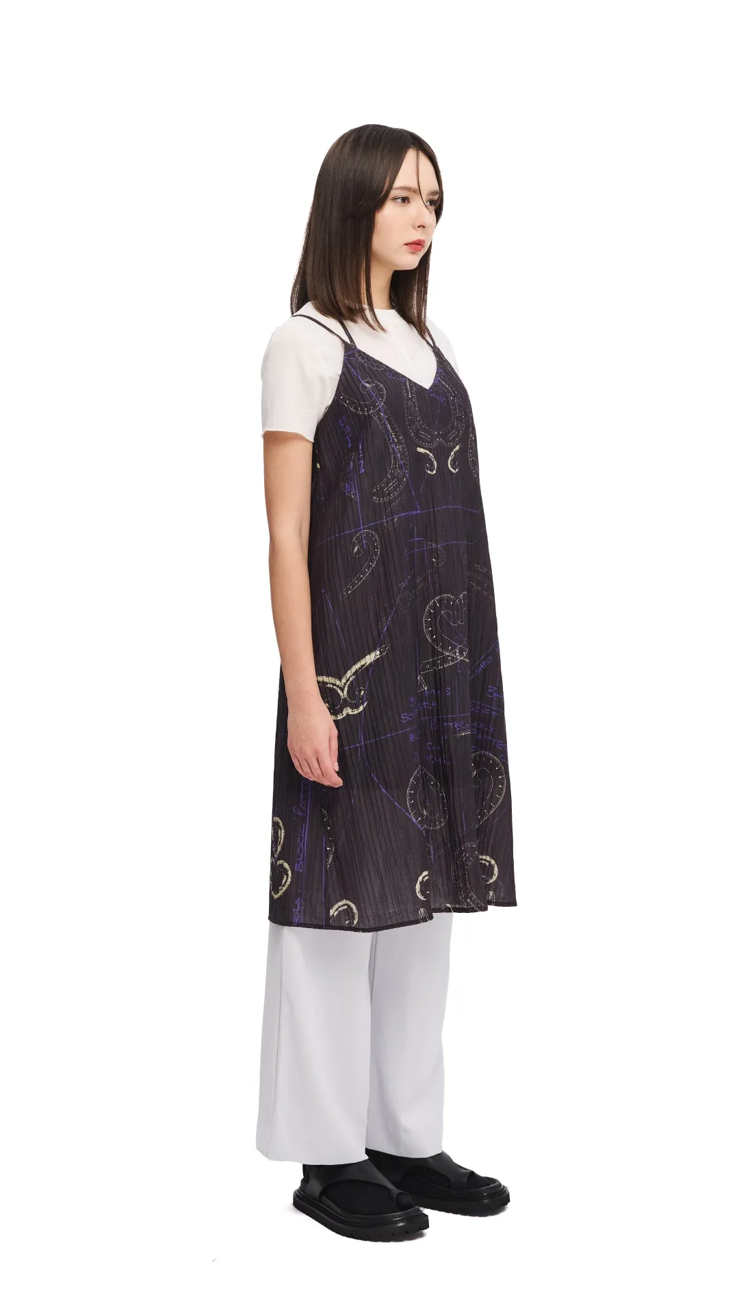 Wrinklefree StretchPaneling French Curve Ruler Placement Print Slip Dress