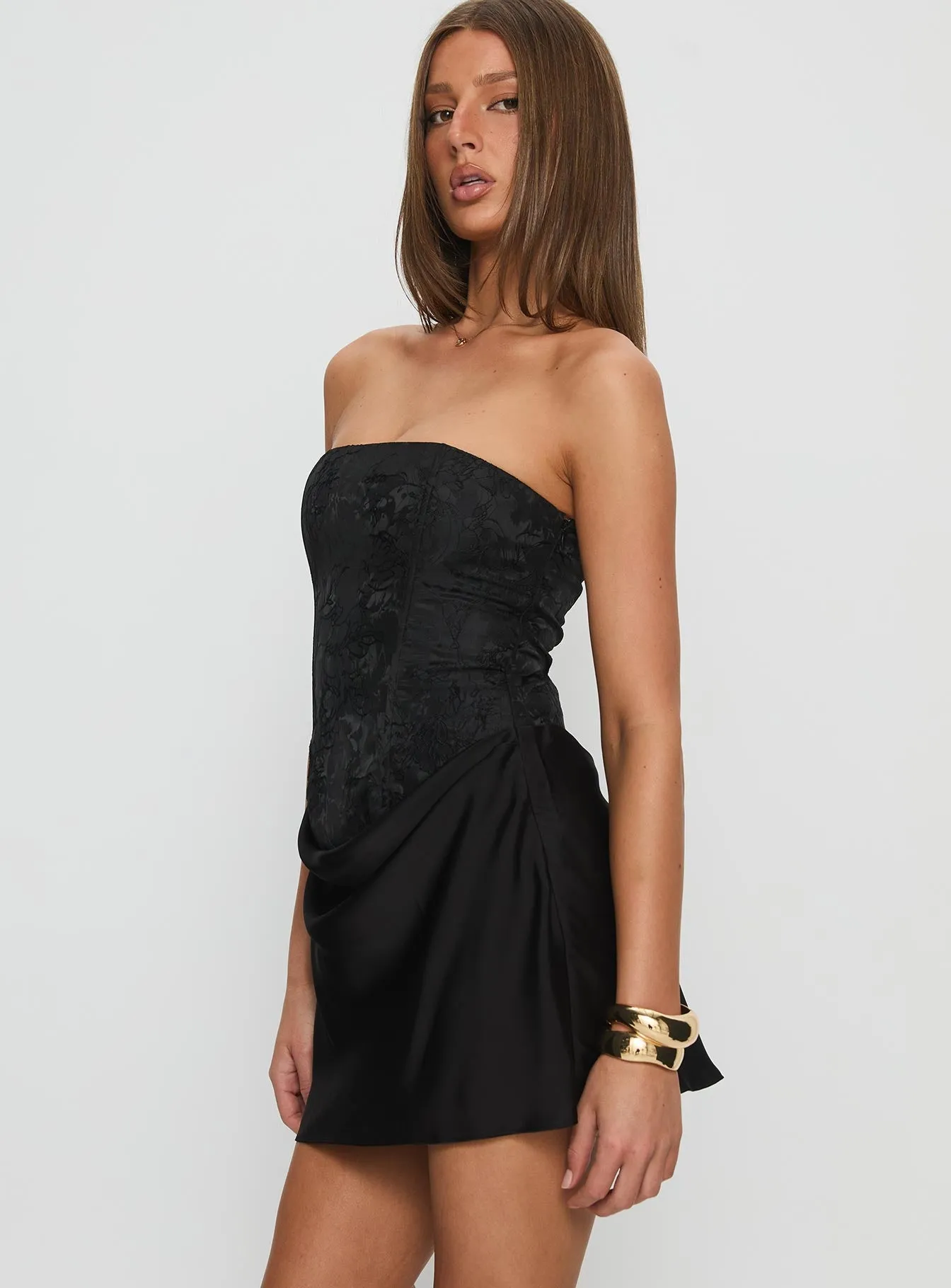 Jenevieve Strapless Drape Mini Dress Black Floral Wear Effortless chic mini