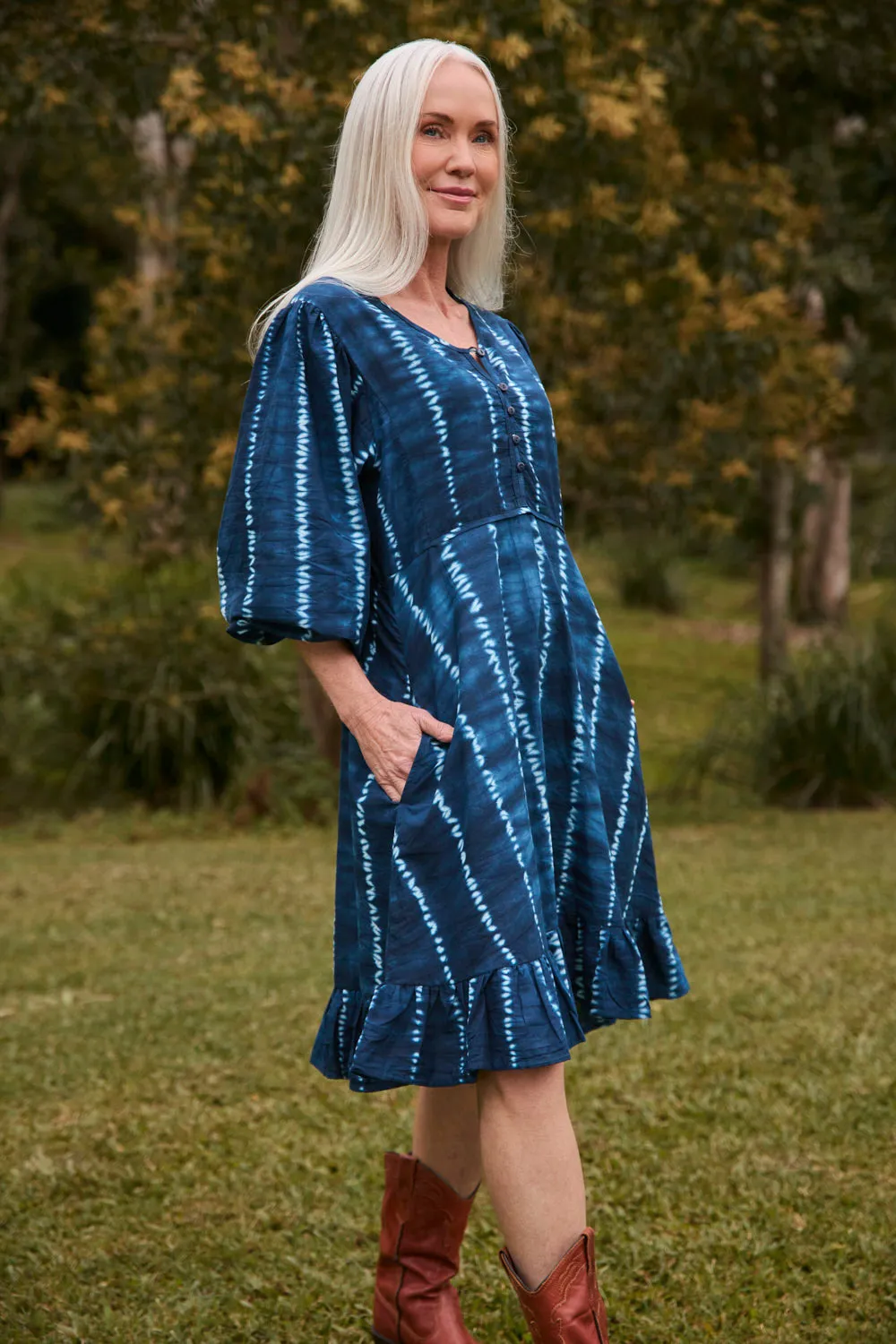 Bonnie Short Umbrella Dress in Shibori Echo Concert Vibe Breathable Lining