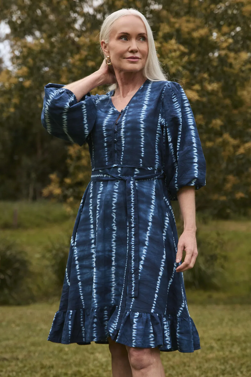 Denim Cool Epic Core Bonnie Short Umbrella Dress in Shibori Echo