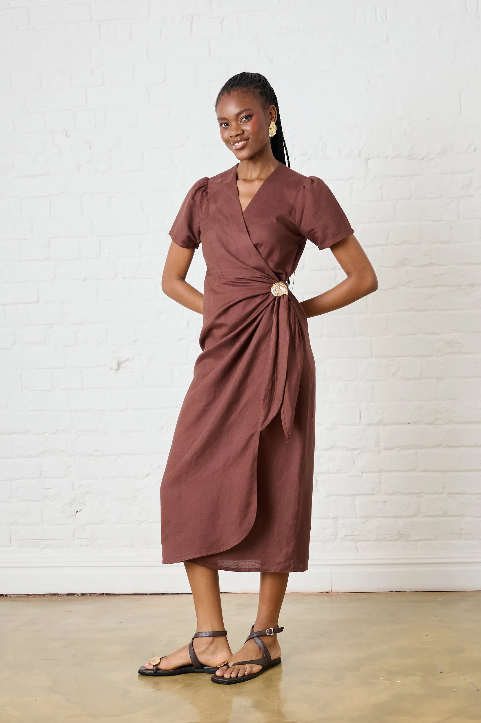 FadeResistantColors Lightweight Fabric Cocoa Shell Linen Wrap Dress