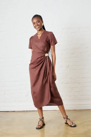 Seamless transition Cocoa Shell Linen Wrap Dress