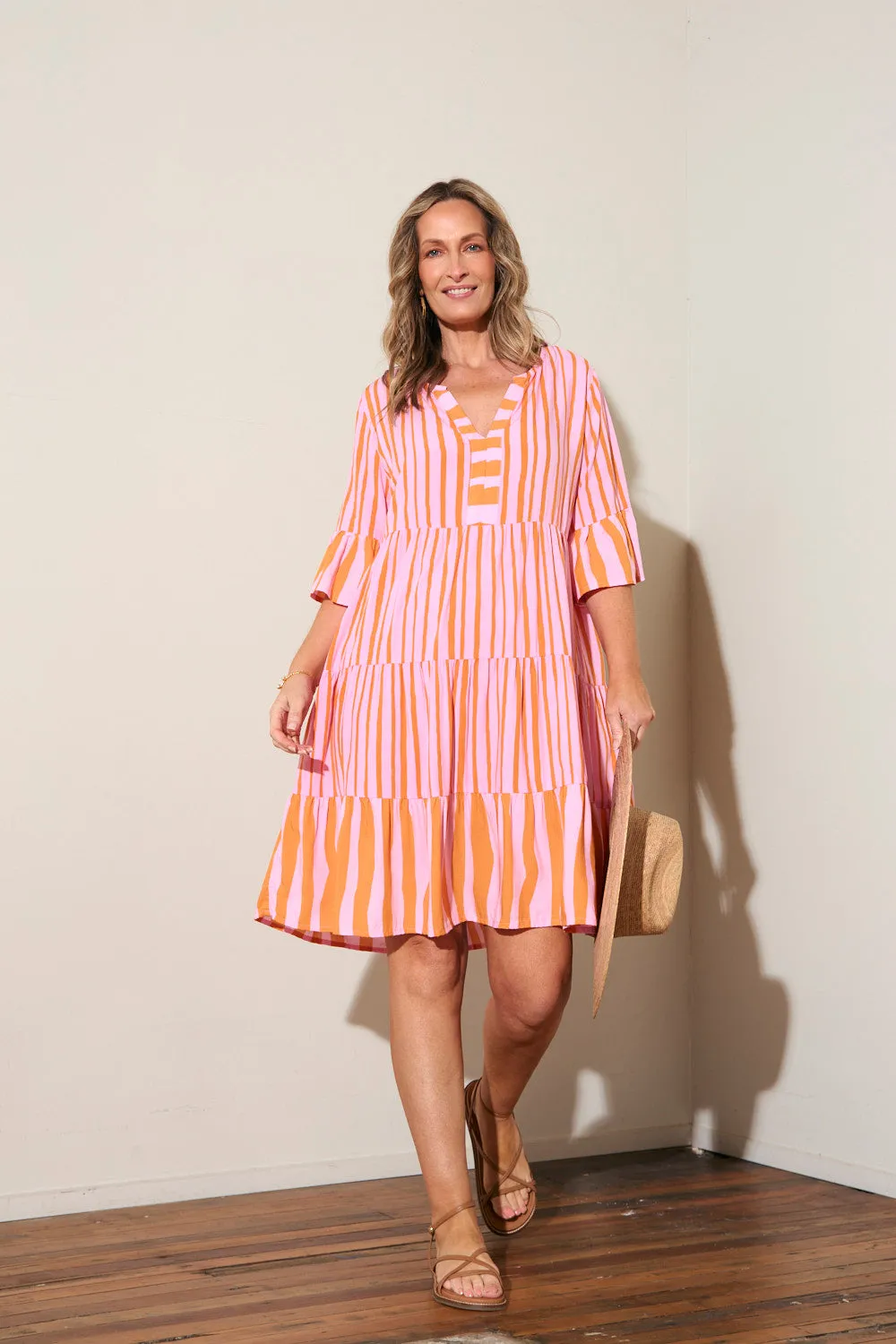 LowMaintenance Material FrictionResistantEdges Scout Tiered Dress in Coral Spring