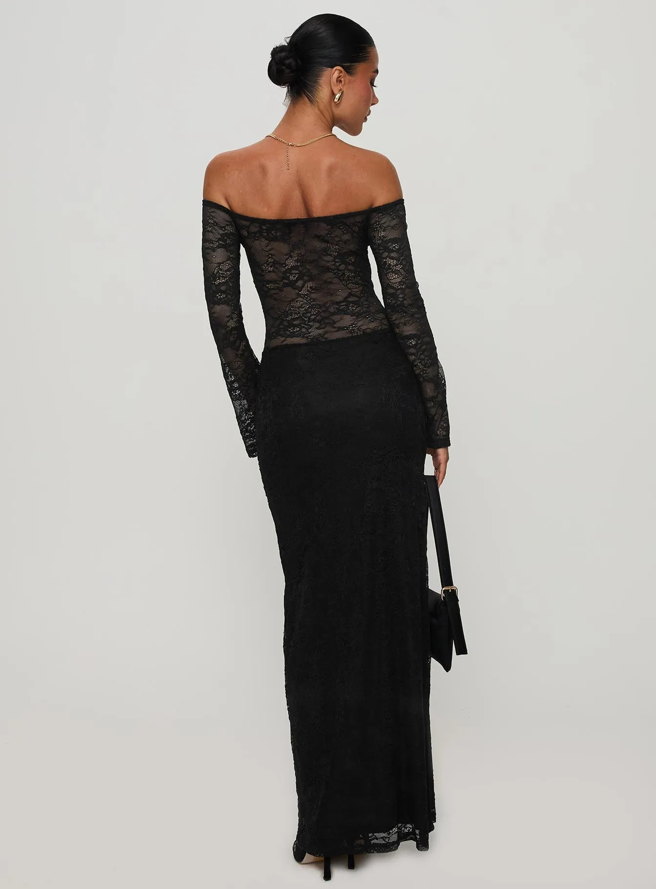 Dye Art Pinot Grigio Long Sleeve Lace Maxi Dress Black