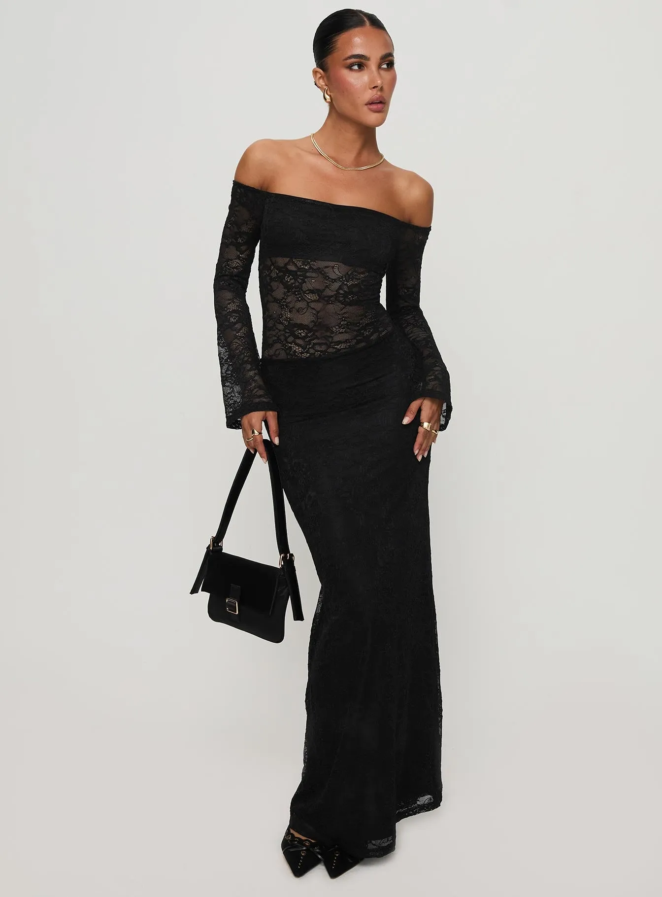 Pinot Grigio Long Sleeve Lace Maxi Dress Black Pool side Tulle Glow