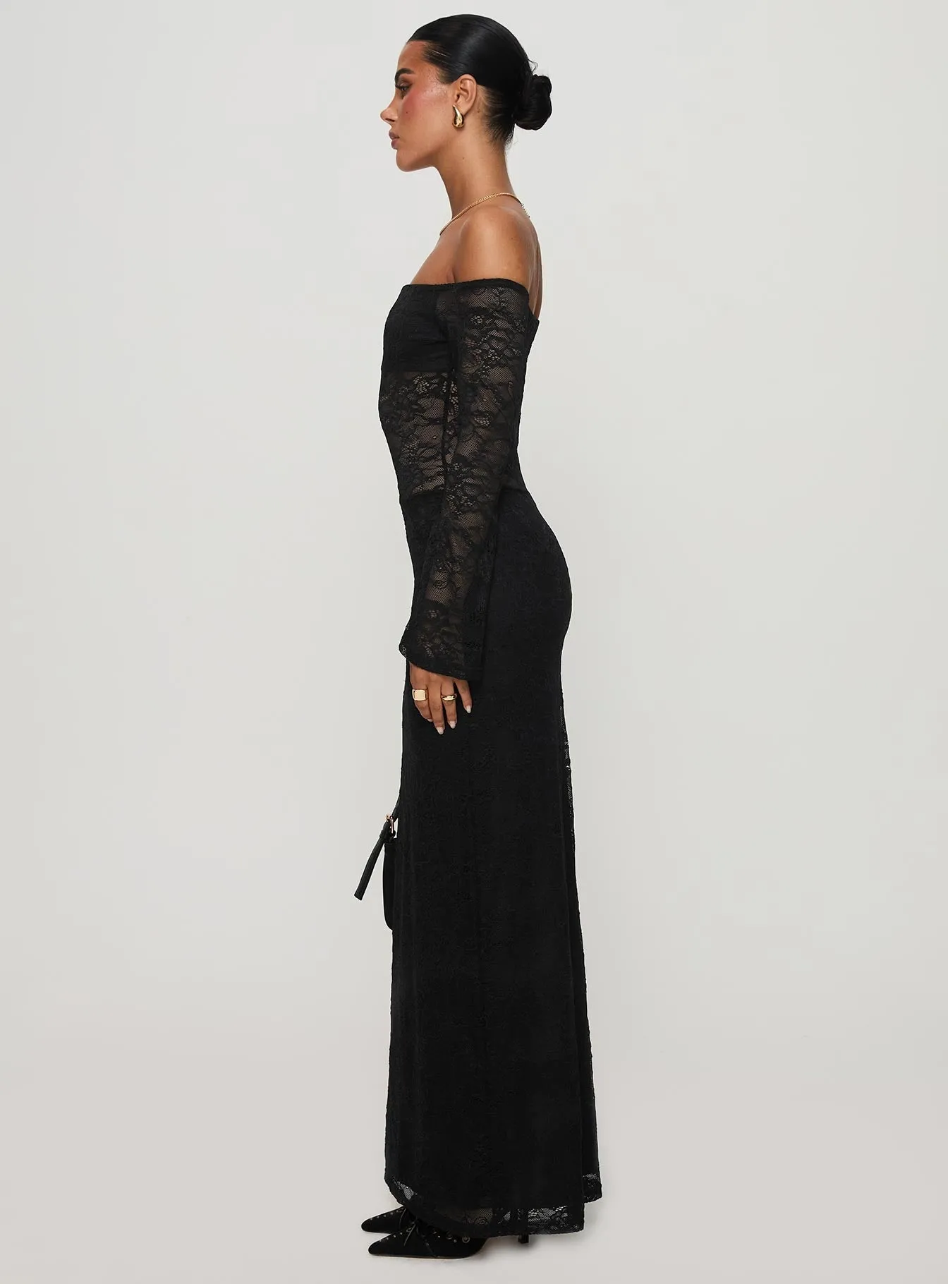 Pinot Grigio Long Sleeve Lace Maxi Dress Black Steel Glow