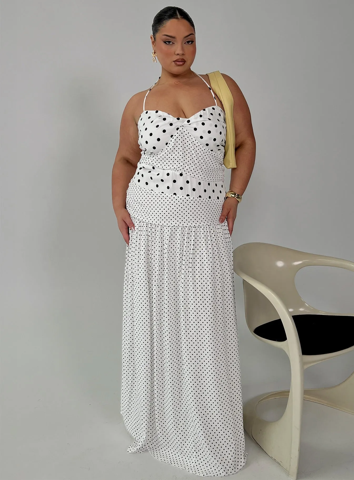 Coast Path Topaz Shine Marguerite Halter Maxi Dress White Polka Curve