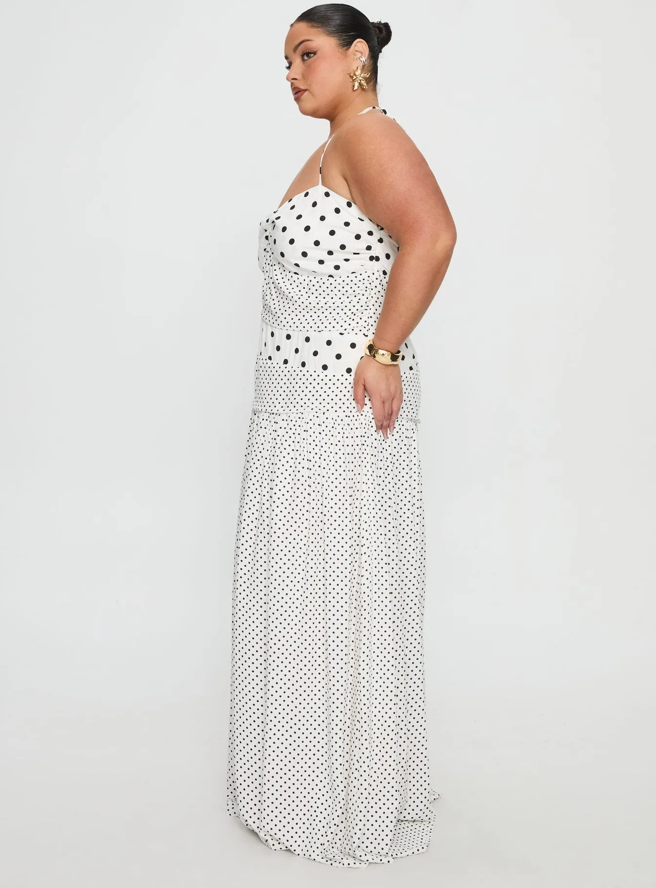 Marguerite Halter Maxi Dress White Polka Curve Fur Trim