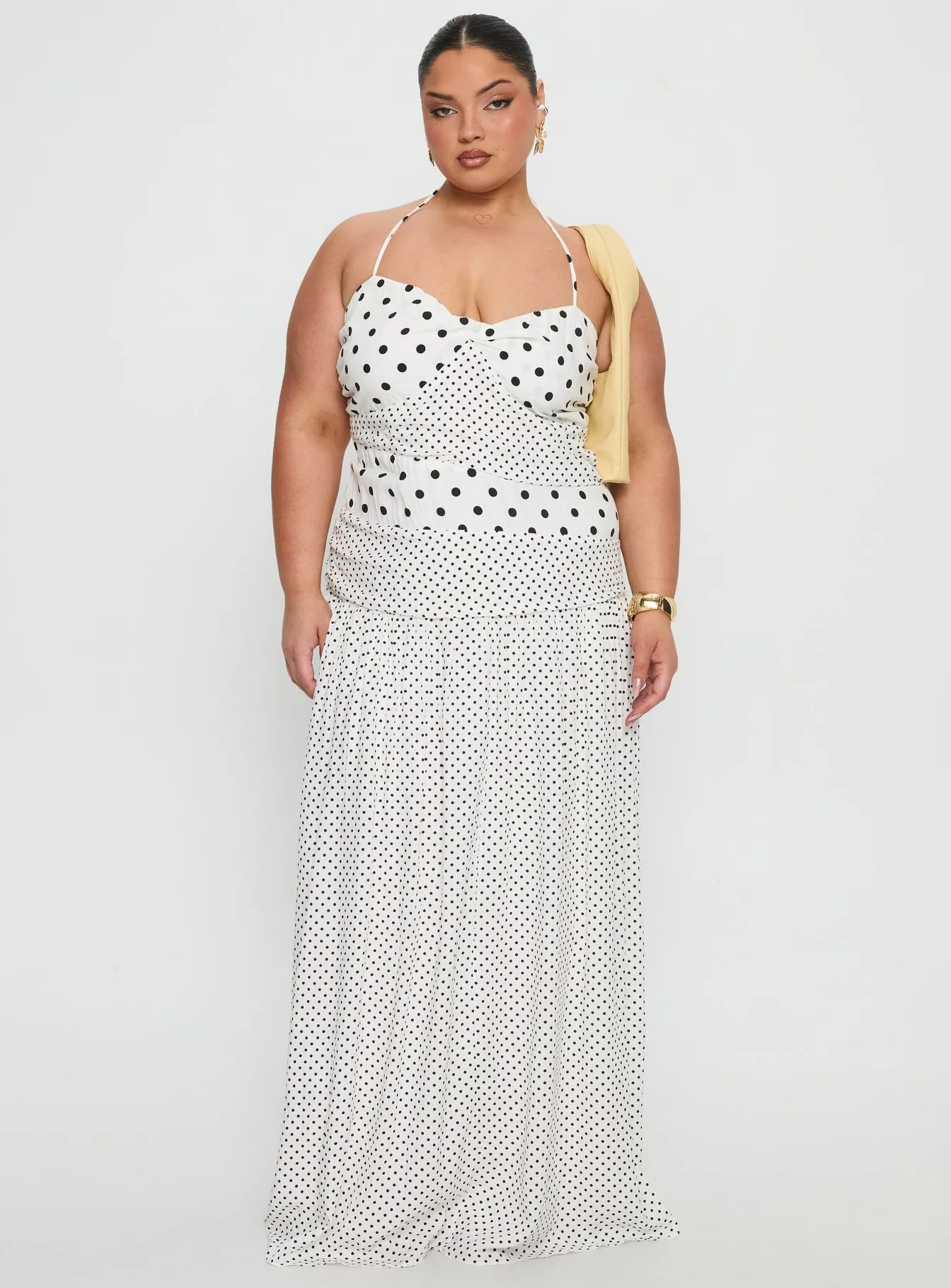 Cozy evening dress Marguerite Halter Maxi Dress White Polka Curve