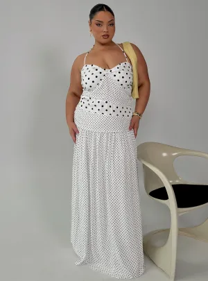 Coast Path Topaz Shine Marguerite Halter Maxi Dress White Polka Curve