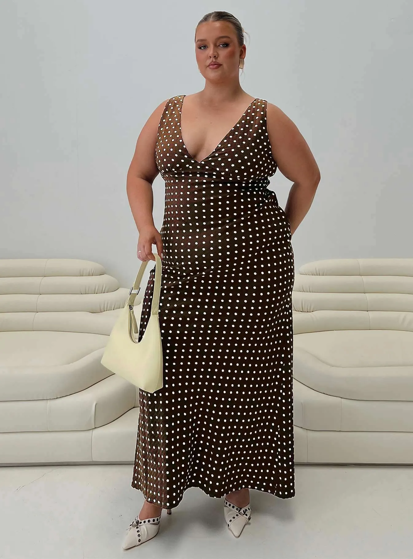 Nellie Maxi Dress Brown Polka Dot Curve Scandi Clean