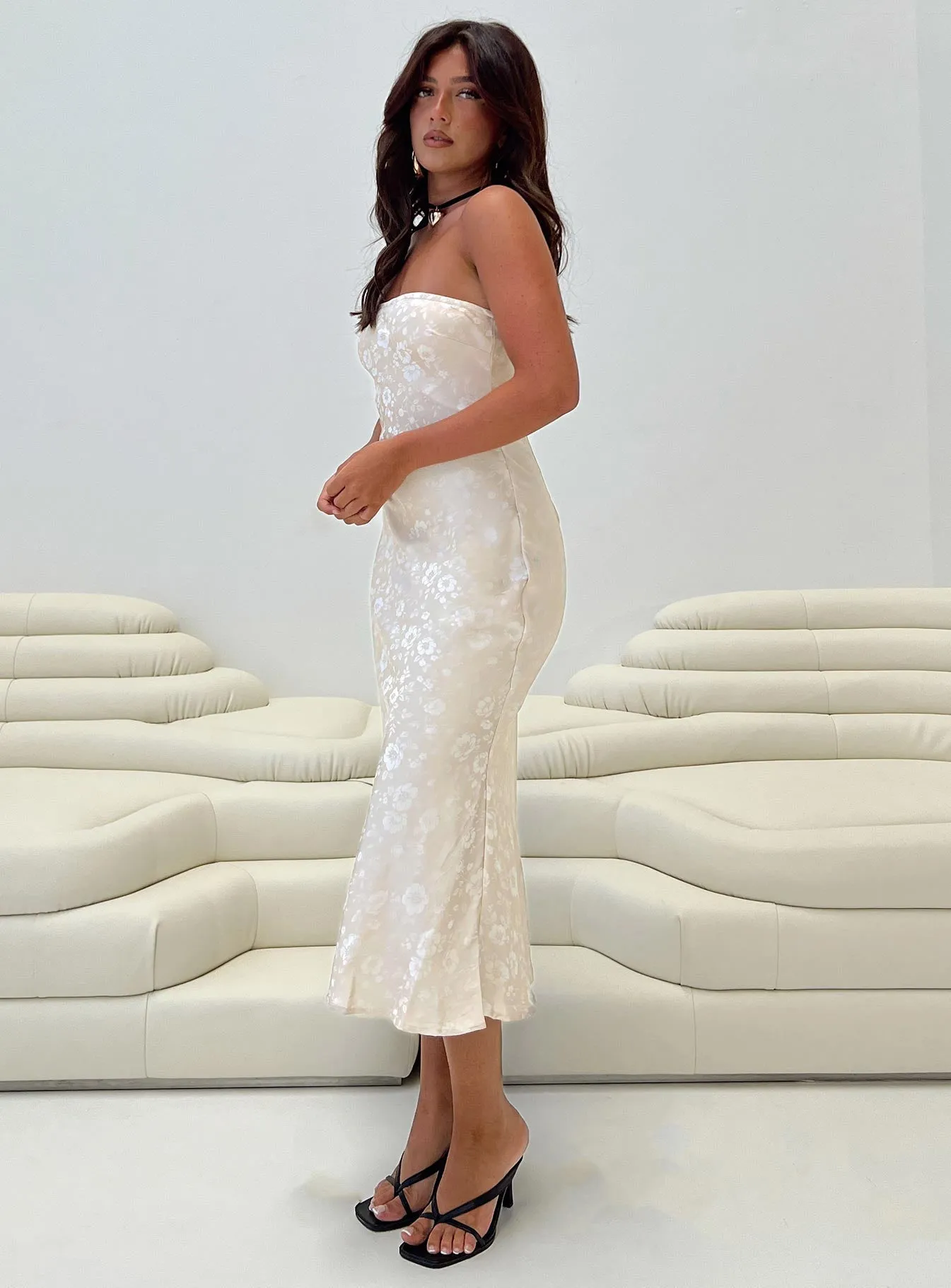 Salvin Strapless Maxi Dress Petite Champagne holiday vibe The dress??s versatile design allows you to wear it for work, weekend outings, or evening events