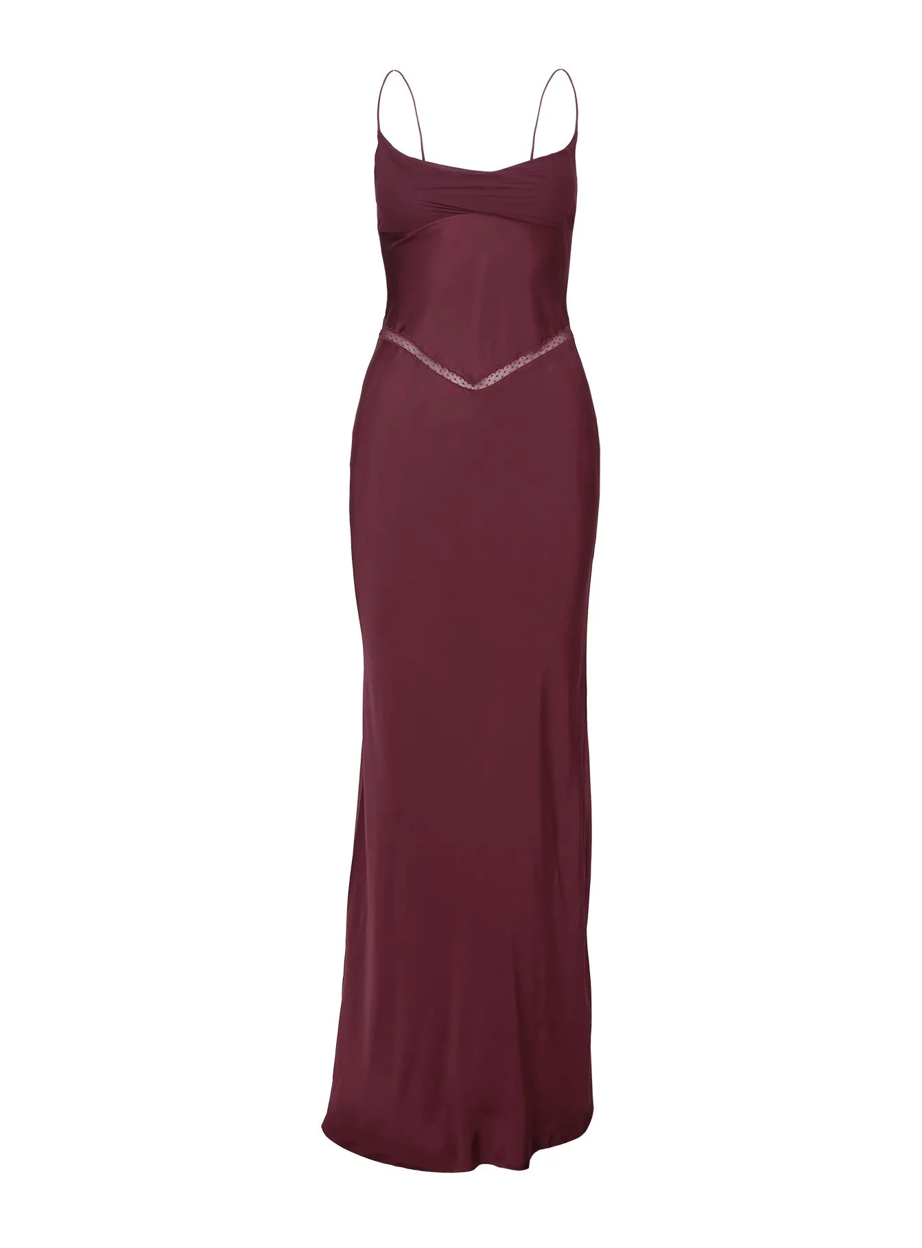 Sugarina Lace Maxi Dress Wine Fur Trim This dress provides a flattering look for any body type thanks to its classic design