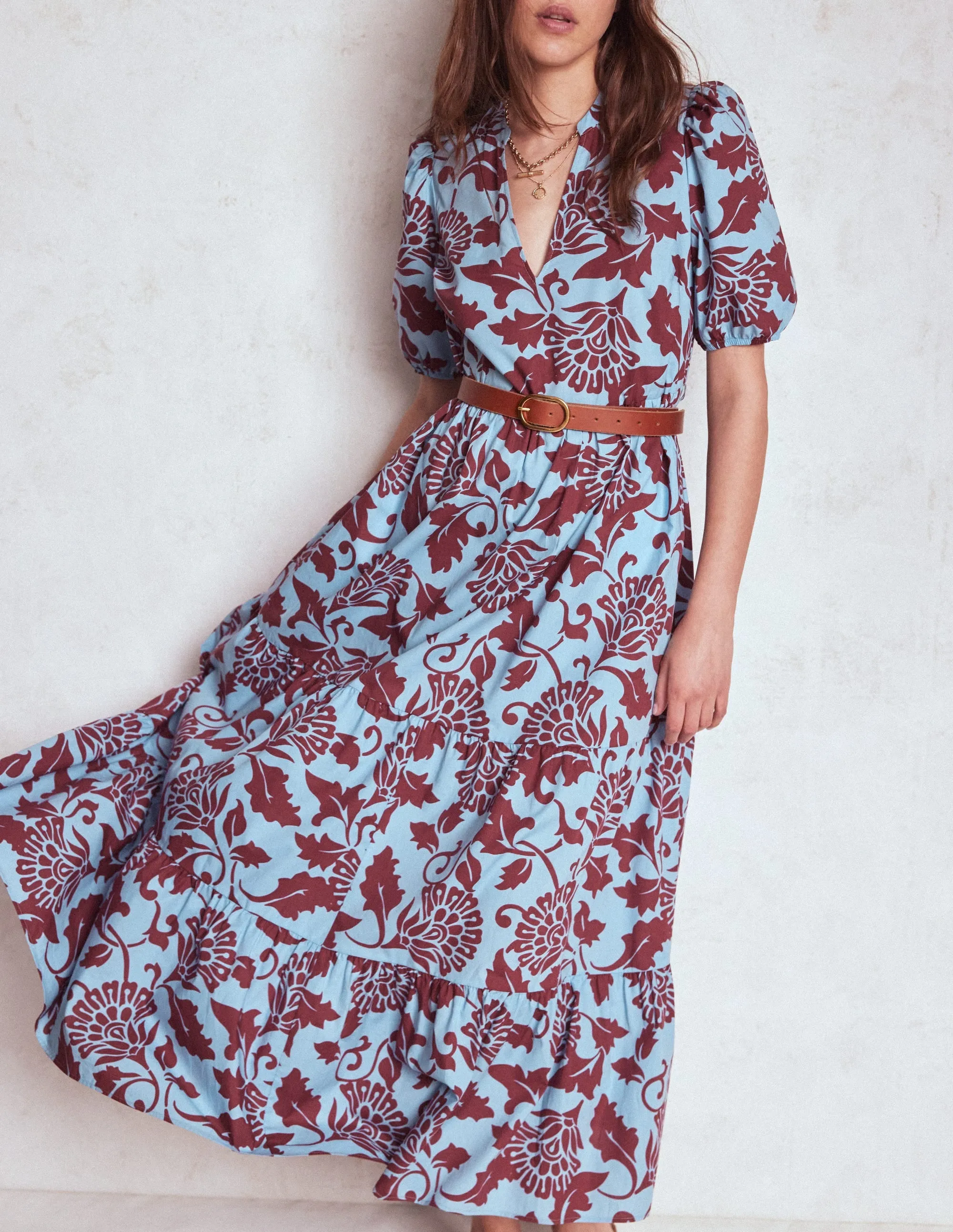 Smart Wardrobe Christabel Cotton Midi Dress-Glacier Blue, Ornate Vine