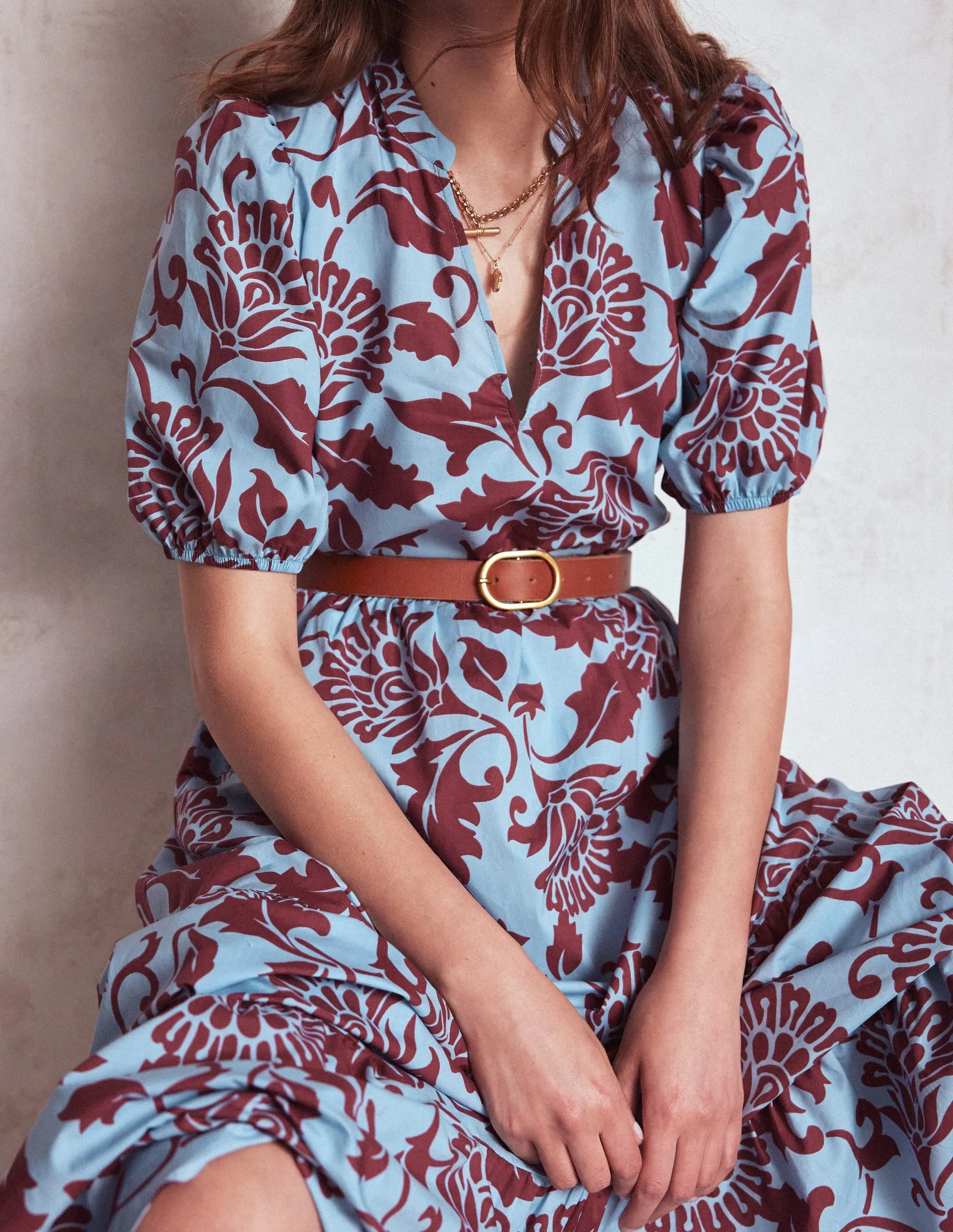 Tower Look Retro Fan Christabel Cotton Midi Dress-Glacier Blue, Ornate Vine