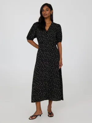 River Side Day Off Style Floral Print Puff Sleeve Midi Dress