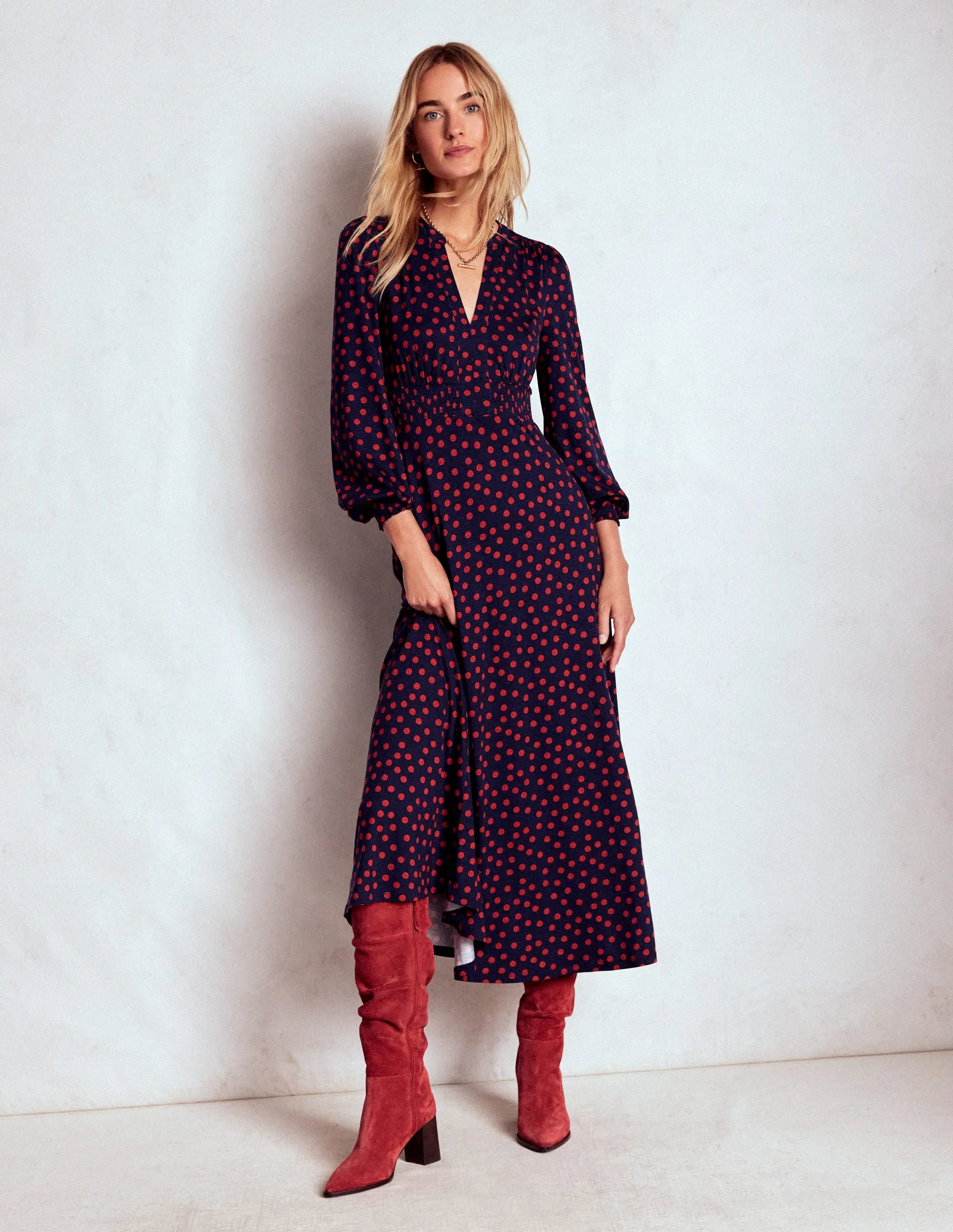 Toast Time Day-to-night versatile dress Ivy Smocked Midi Dress-French Navy, Painted Dot