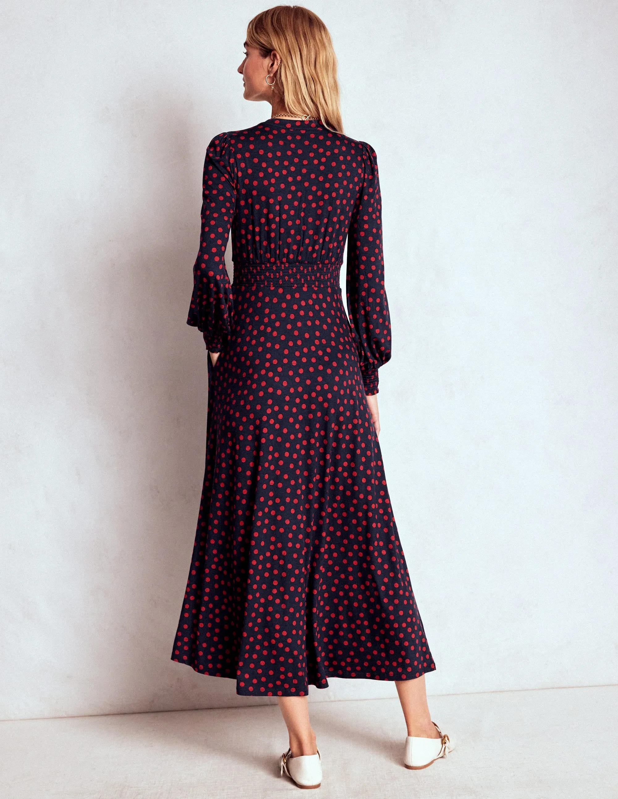 Ivy Smocked Midi Dress-French Navy, Painted Dot Chic Design Bamboo Path