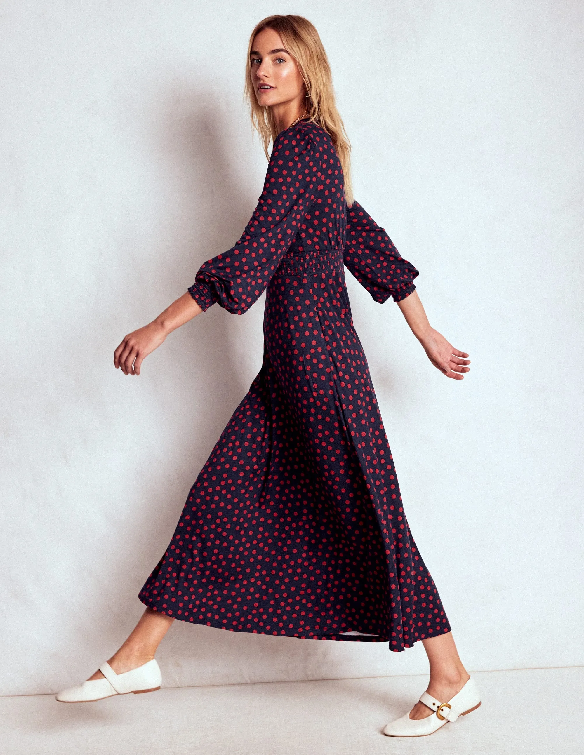 Winter Snow Ivy Smocked Midi Dress-French Navy, Painted Dot