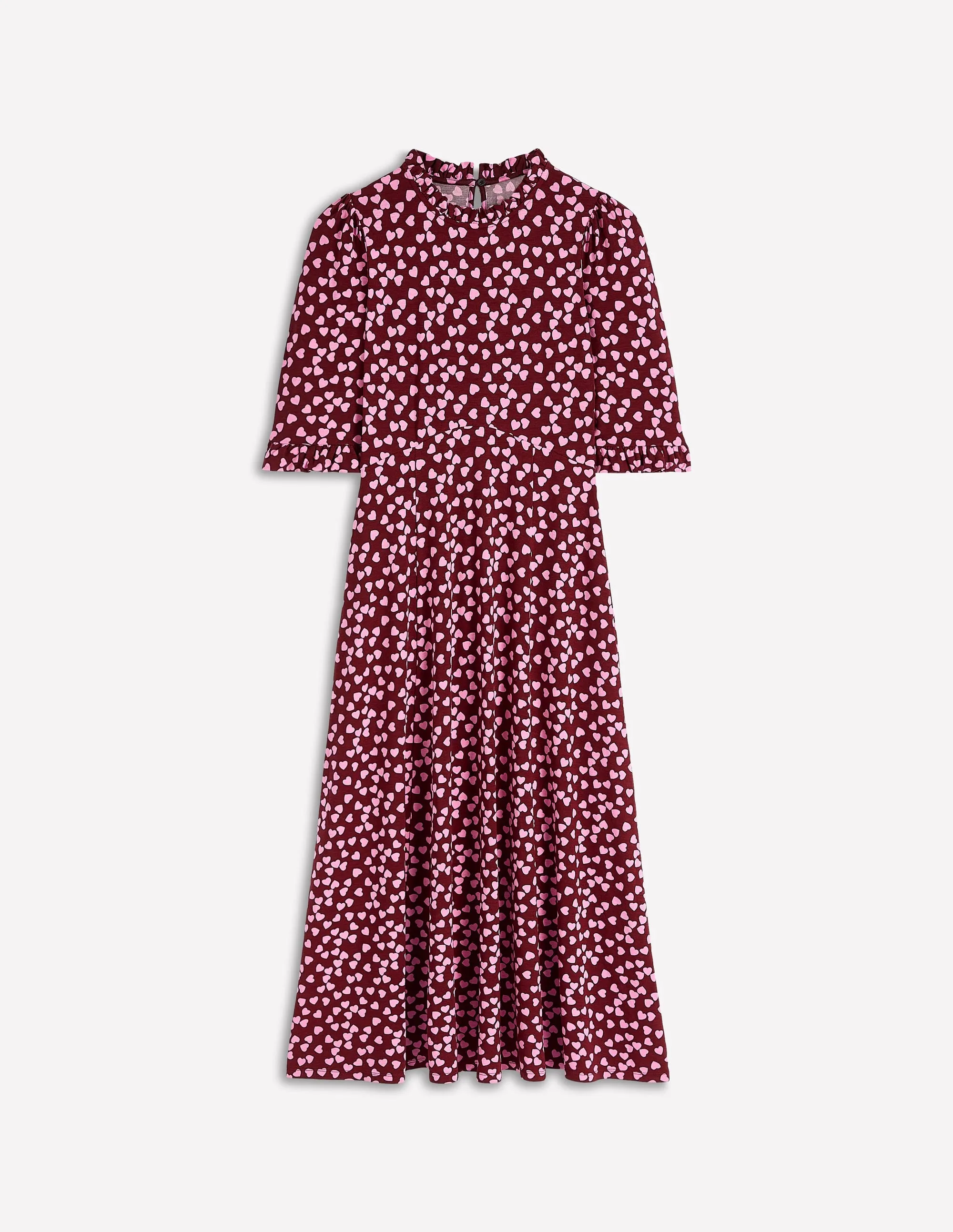 Ruffle Seamed Midi Dress-Chestnut, Heart Cascade Cozy midi dress