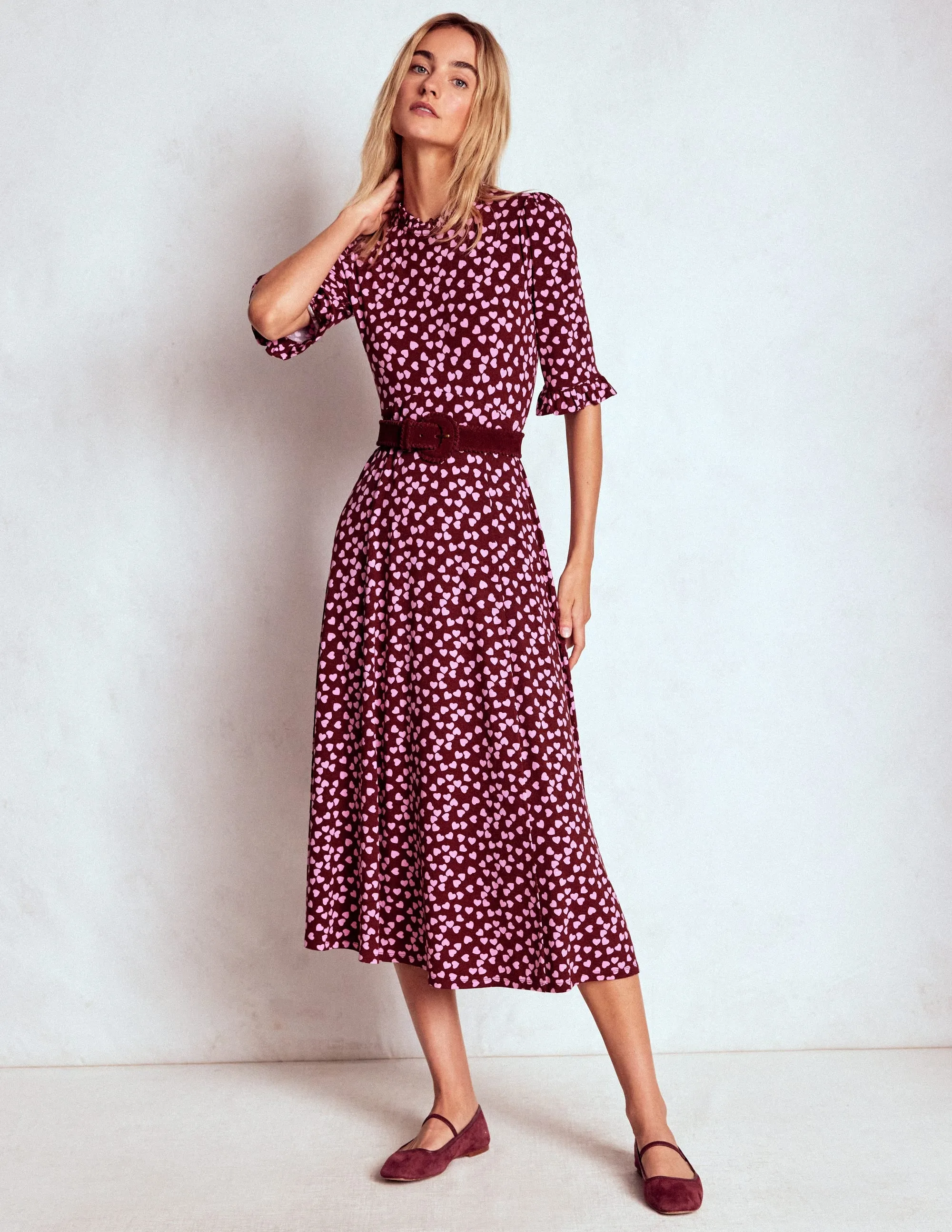 Fashionable knee-length piece Ruffle Seamed Midi Dress-Chestnut, Heart Cascade