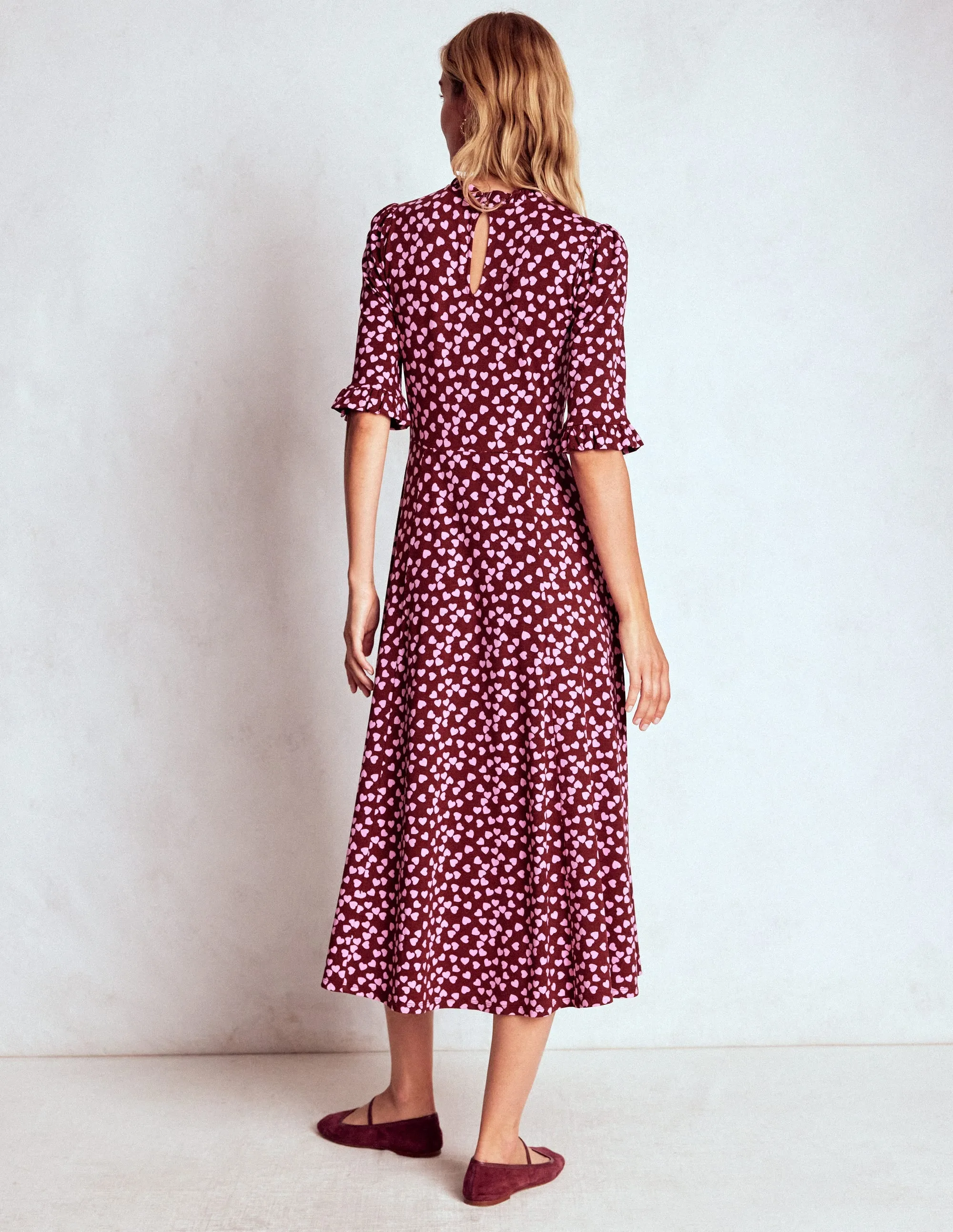 Casual Style Airy Shape Ruffle Seamed Midi Dress-Chestnut, Heart Cascade