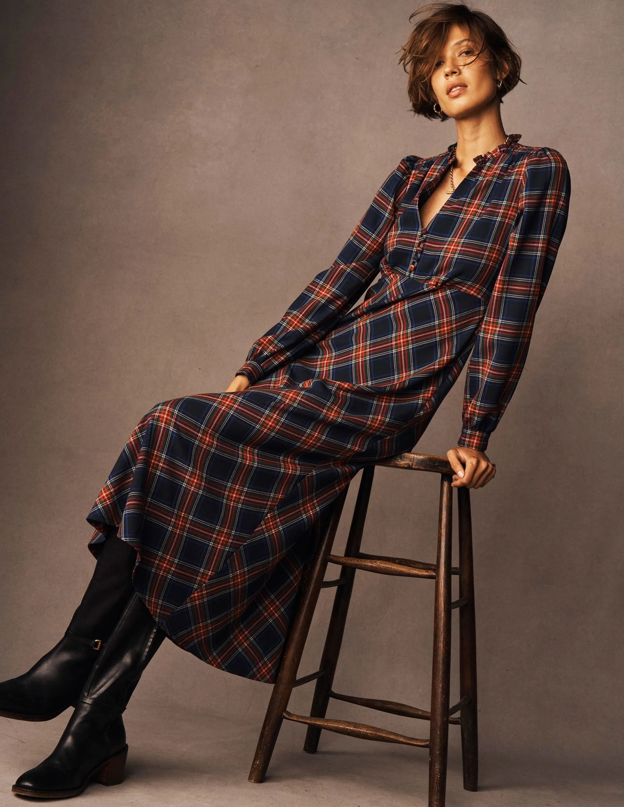 Polished Attire Cassie Check Tea Dress-Navy, Green and Red Check
