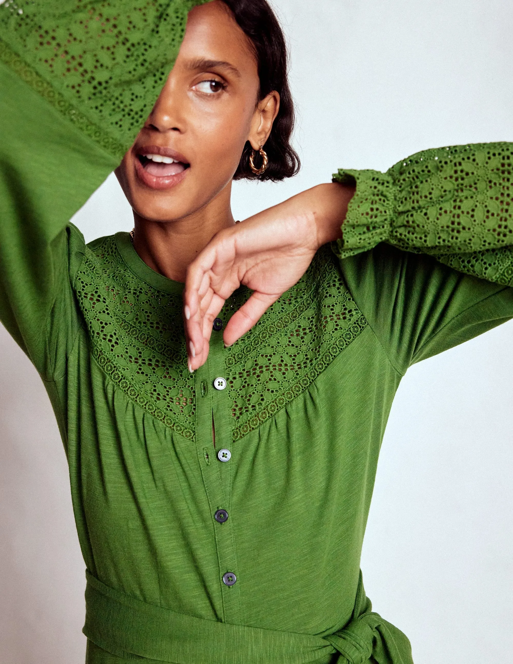 Pippa Broderie Jersey Dress-Promenade Green Sunday Stroll breath easy