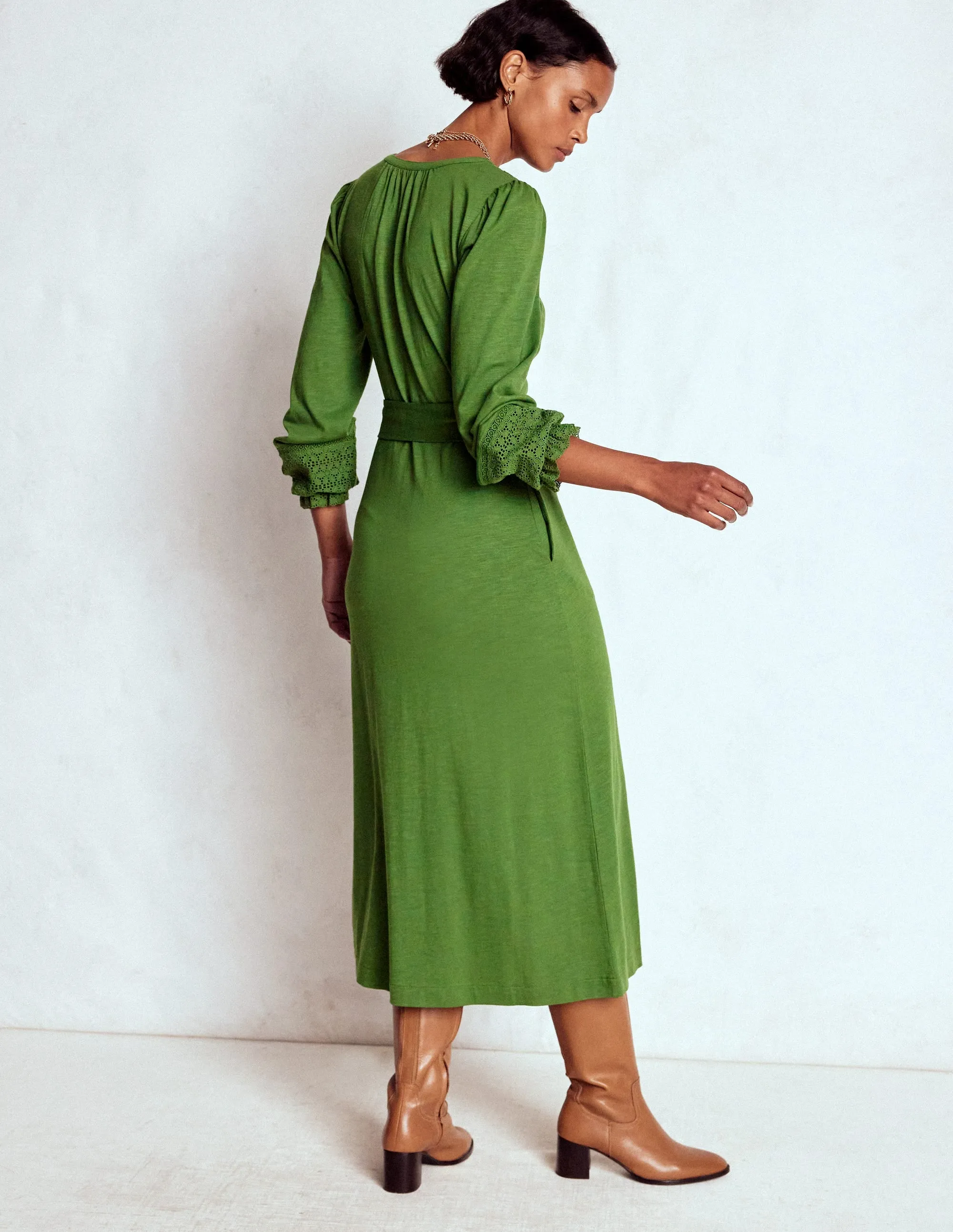 Park Bench Autumn Leaf Pippa Broderie Jersey Dress-Promenade Green