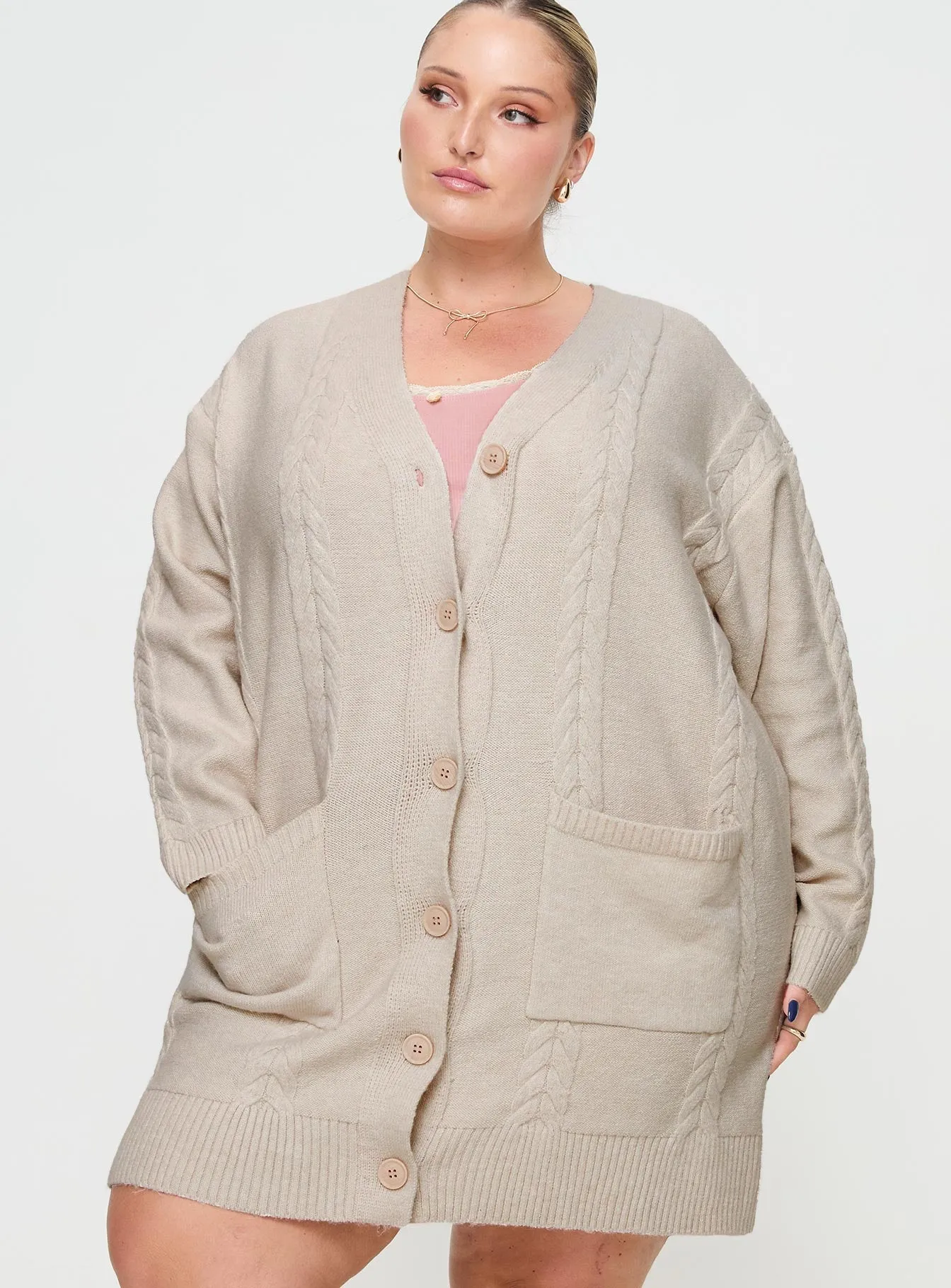 Cardi Long Sleeve Mini Dress Cream Curve Casual Chic Wear