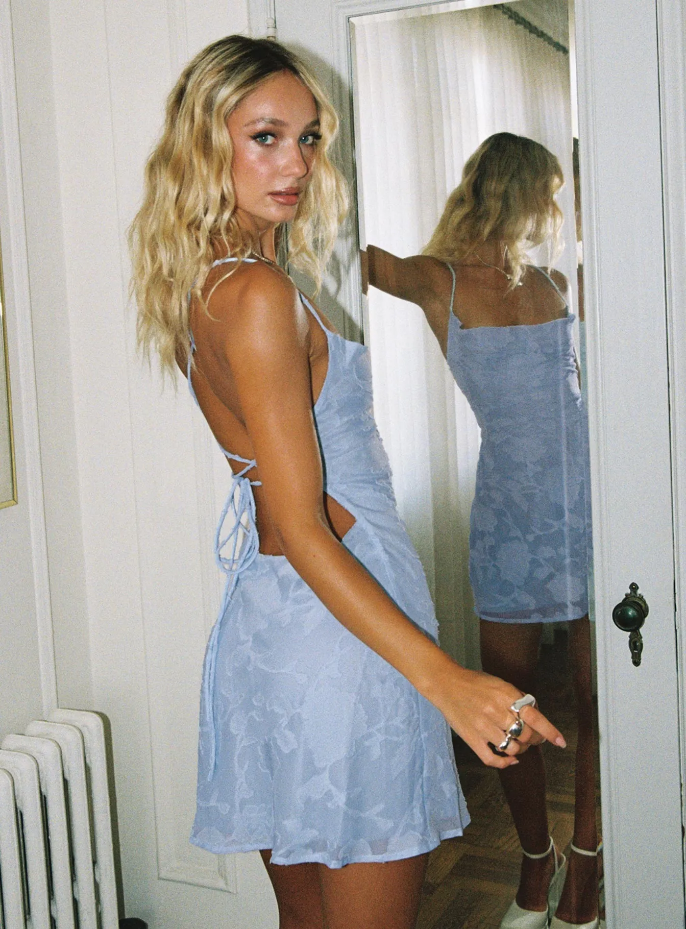 Summer Fashion Celena Mini Dress Light Blue Burnout Petite