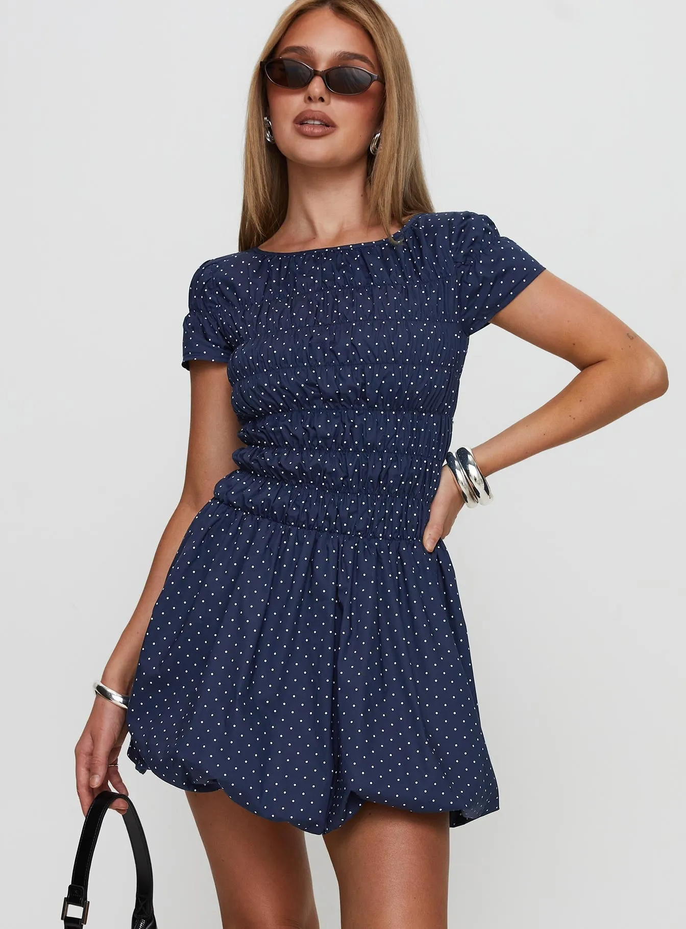 Rush Style Kennedia Shirred Bubble Hem Mini Dress Navy