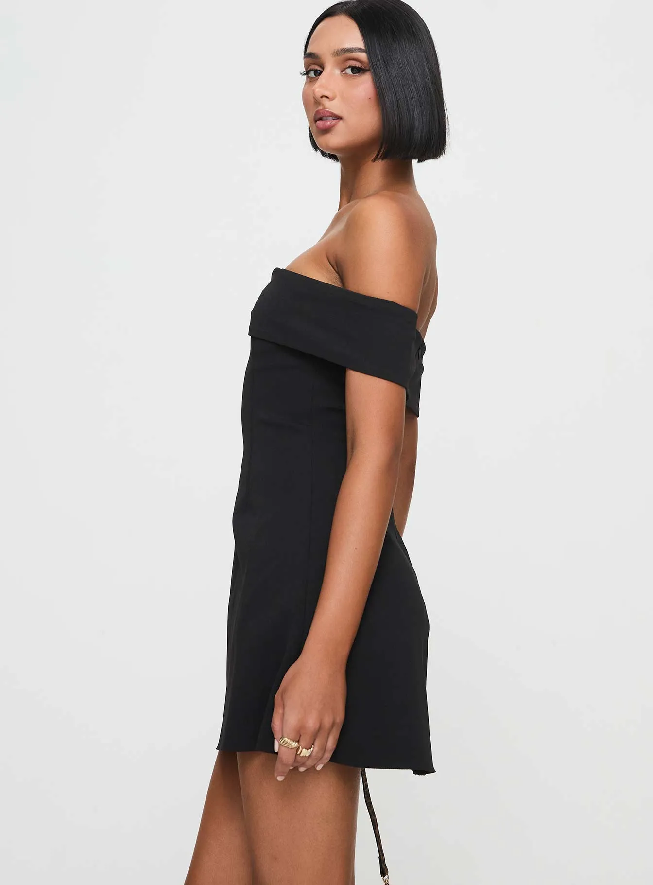 Elasticized Cuff Design Lanes Off The Shoulder Mini Dress Black