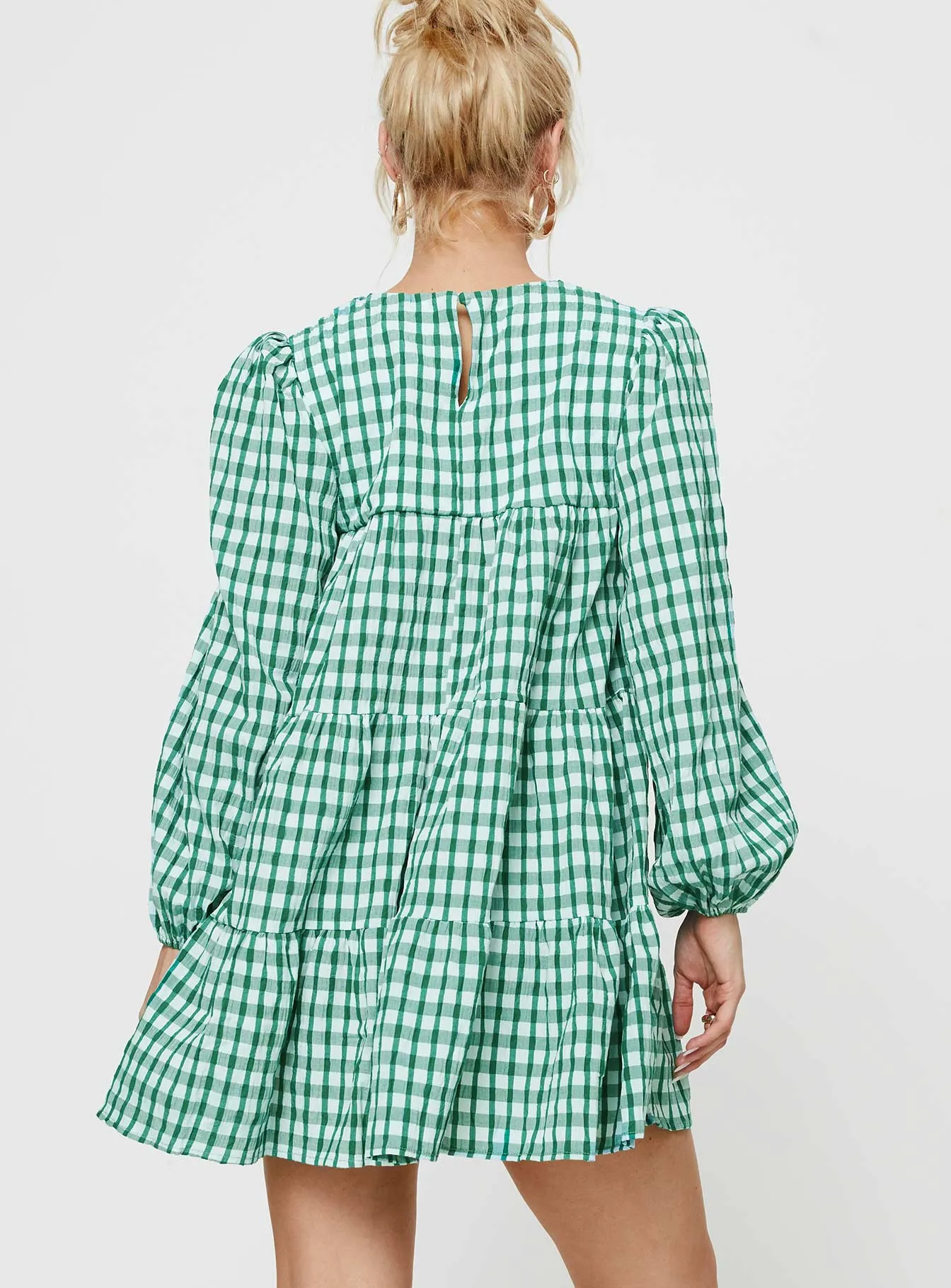 Miami Long Sleeve Mini Dress Green Check Eco Dye