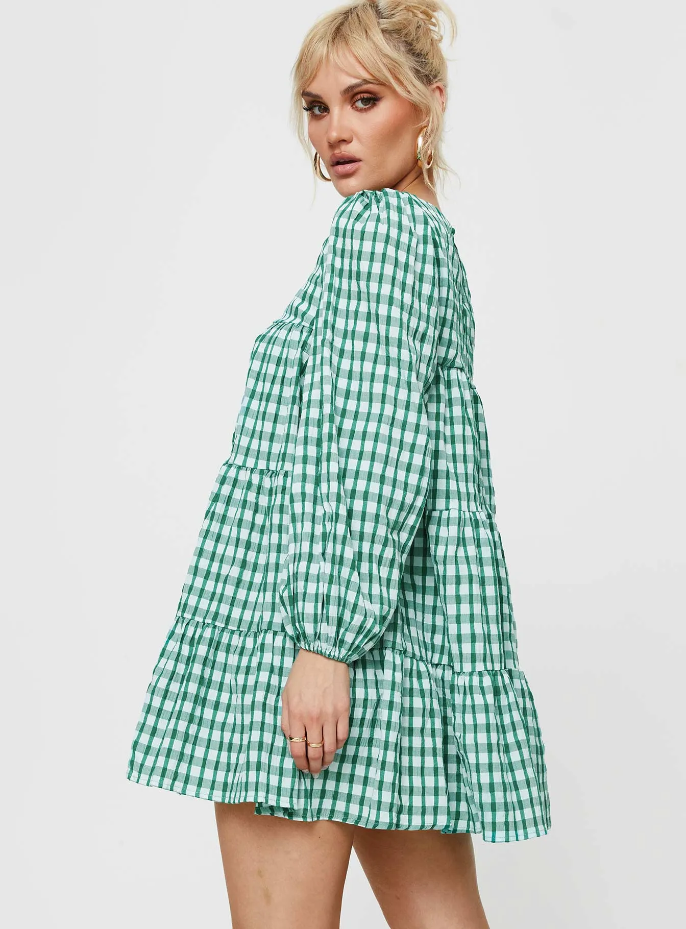 Youth Glow Miami Long Sleeve Mini Dress Green Check