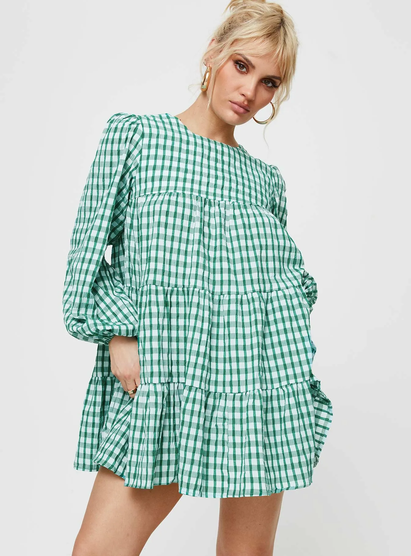 Miami Long Sleeve Mini Dress Green Check Club Beat