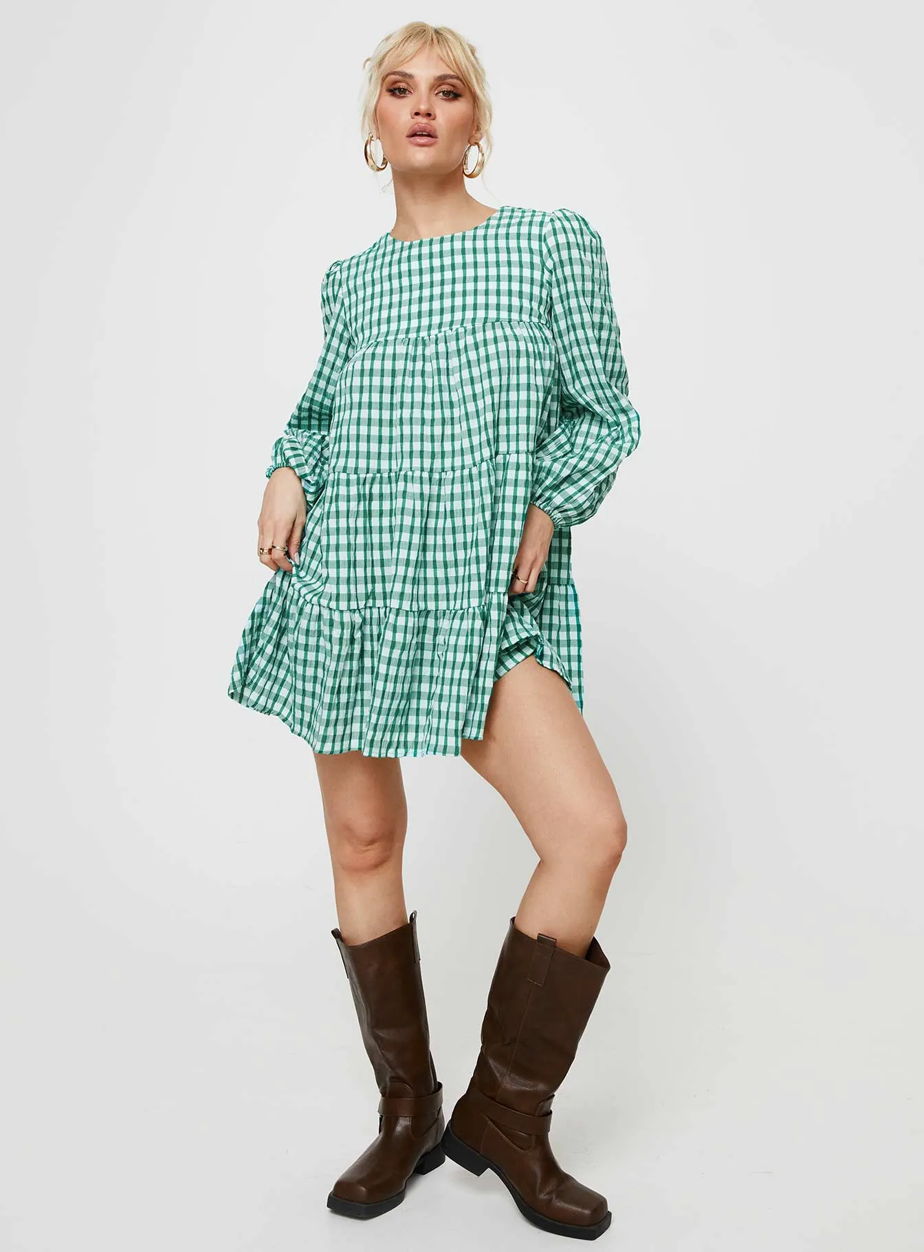 Fun Look Miami Long Sleeve Mini Dress Green Check