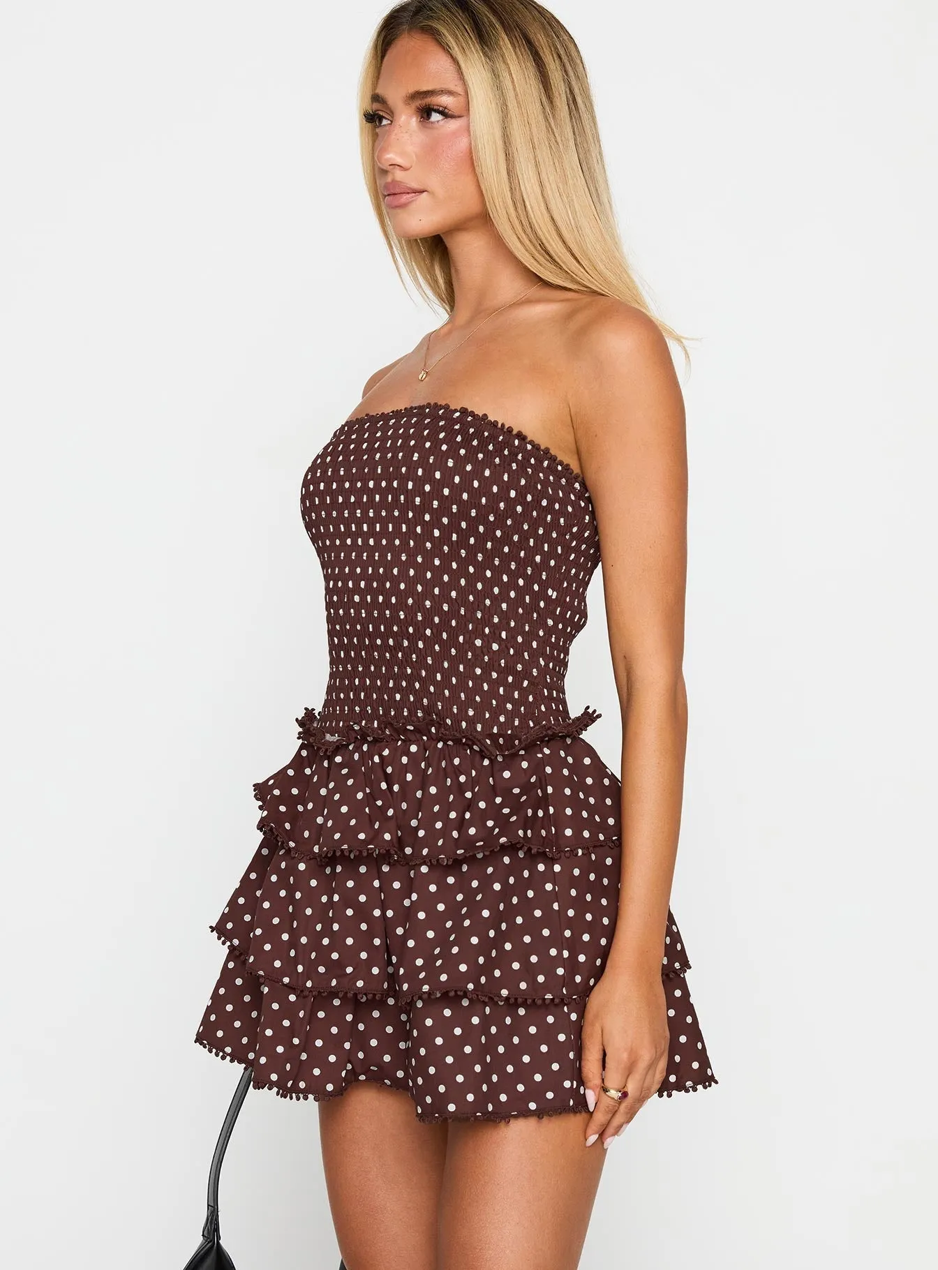 Sunkiss Frill Mini Dress Brown Polka Classic casual mini dress Trendy weekend dress