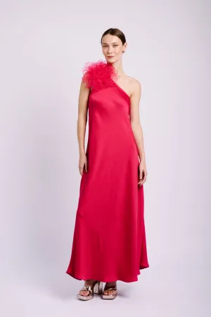 African Bold Asymmetrical Flower Dress in Cerise