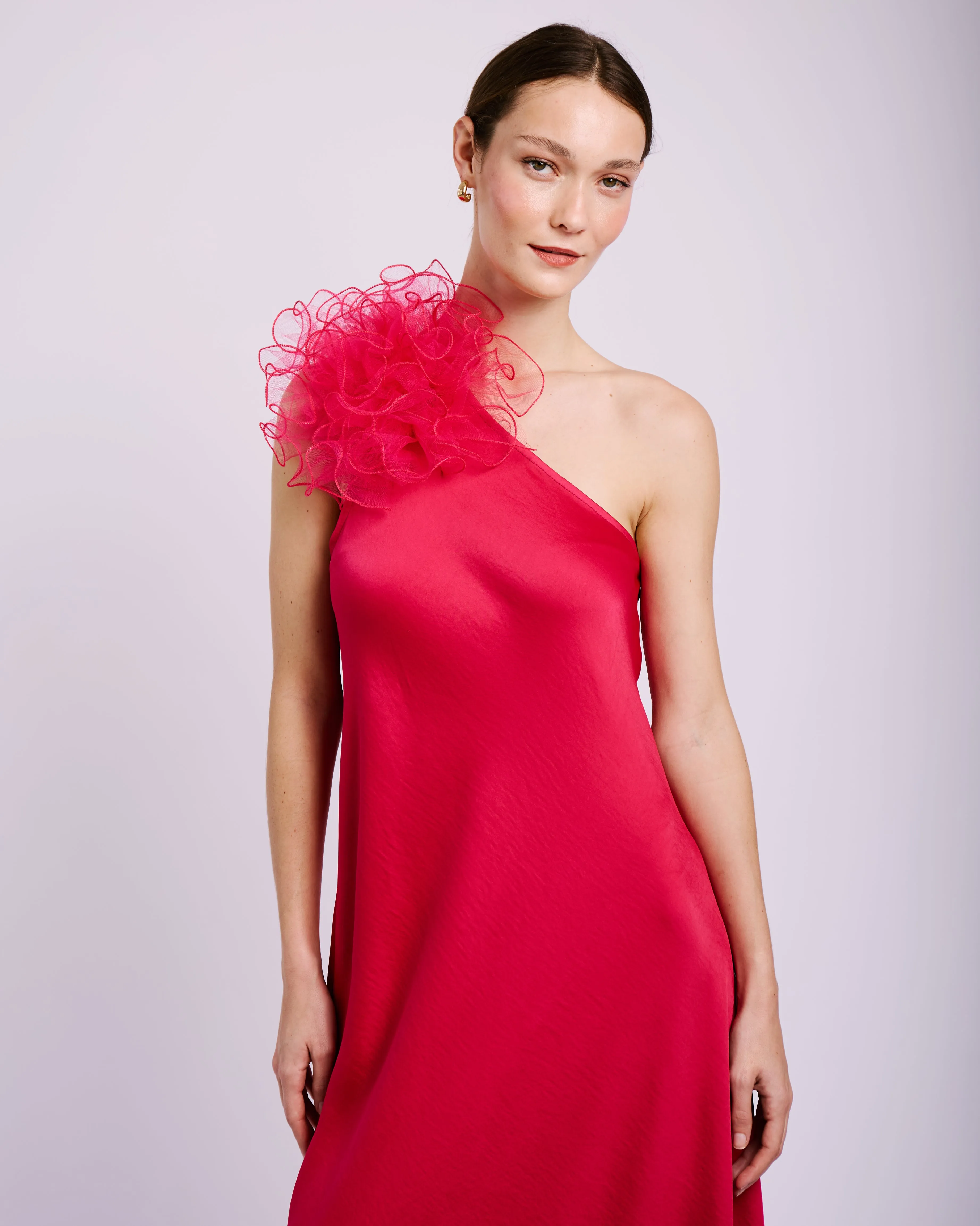 Asymmetrical Flower Dress in Cerise Elegant Glow