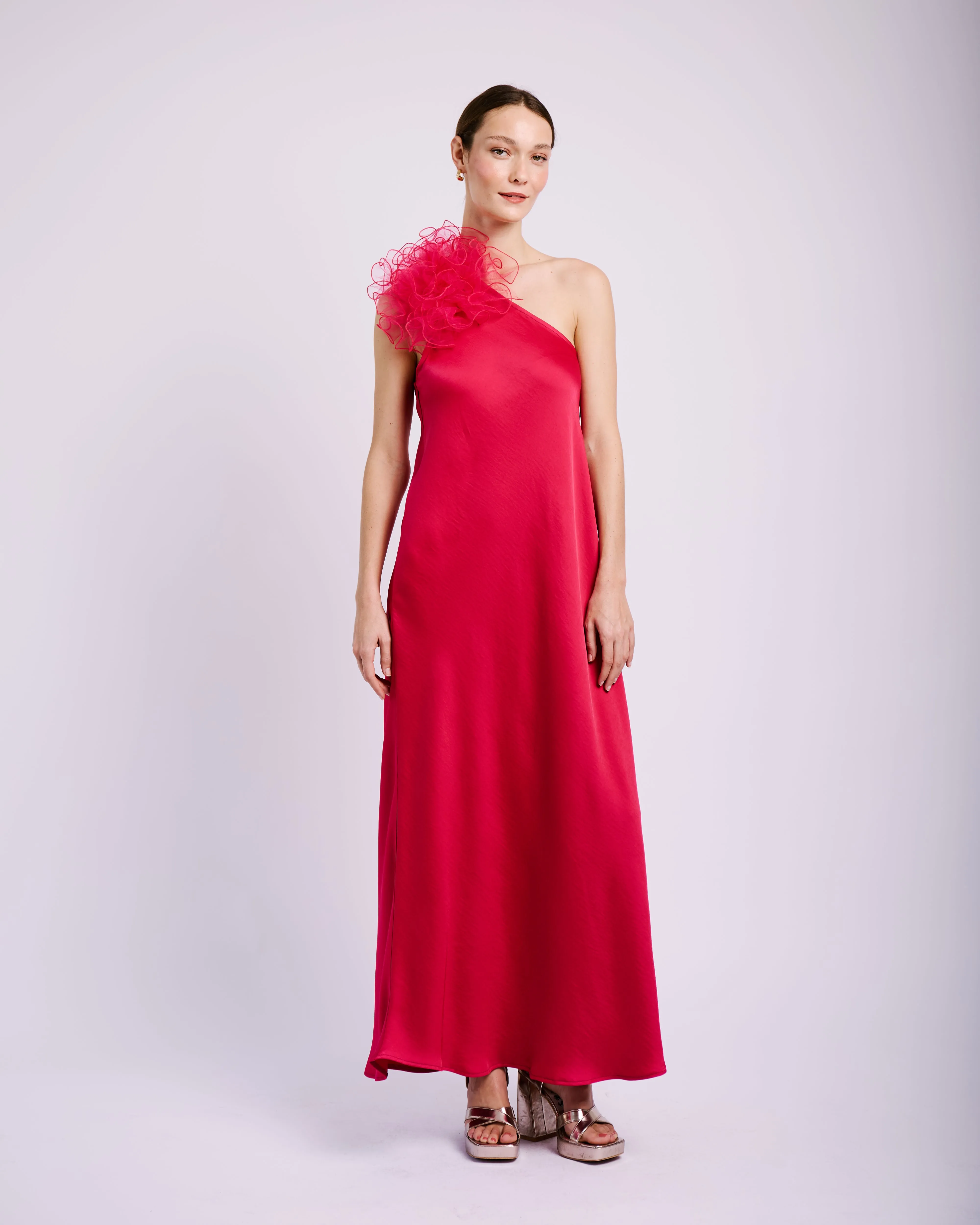 Soft Motion AntibacterialMaterial Asymmetrical Flower Dress in Cerise